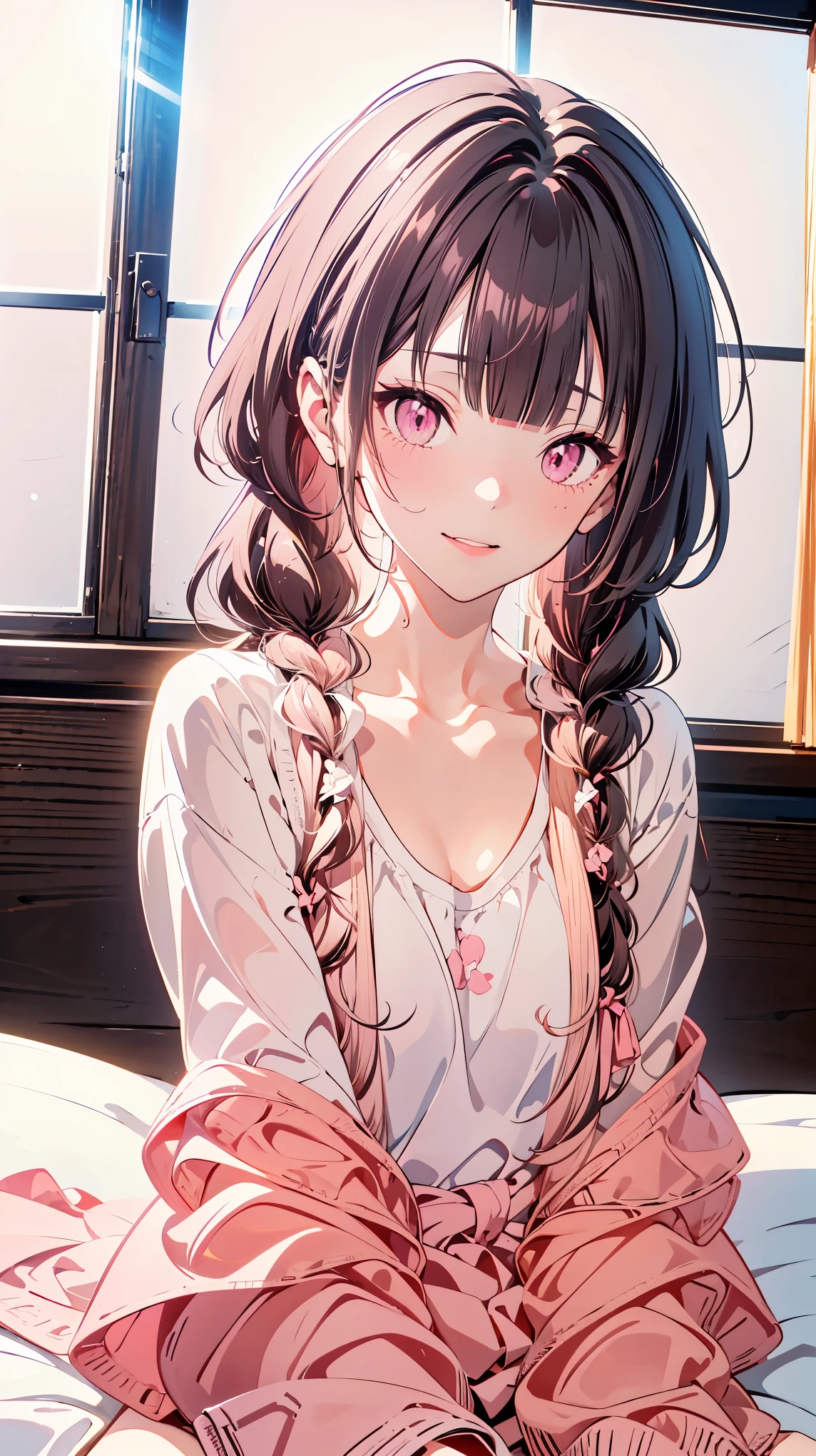 {{{{masterpiece}}}}, {{{Super detailed}}}, {{{high resolution}}}, {{good anatomy}}, (((best quality))), ((simple style,anime style,anime girl)),(((pink eyes,black hair))),(big perfect eyes),(on bed,from above,upper body),(((white t-shirt))), hairclip, {8k cg wallpaper}, {{illustration,upper shot}},((blunt bangs|middle hair|long twintails)),smile,(1girl:1), solo,alone,(Color difference:1.2),pleased smile,blushing,neat face,((The details are complex、Shallow depth of field、movie lighting、Reflectors、a Canon EOS R5、50mm lens、f / 2.8、shot at 8k resolution))