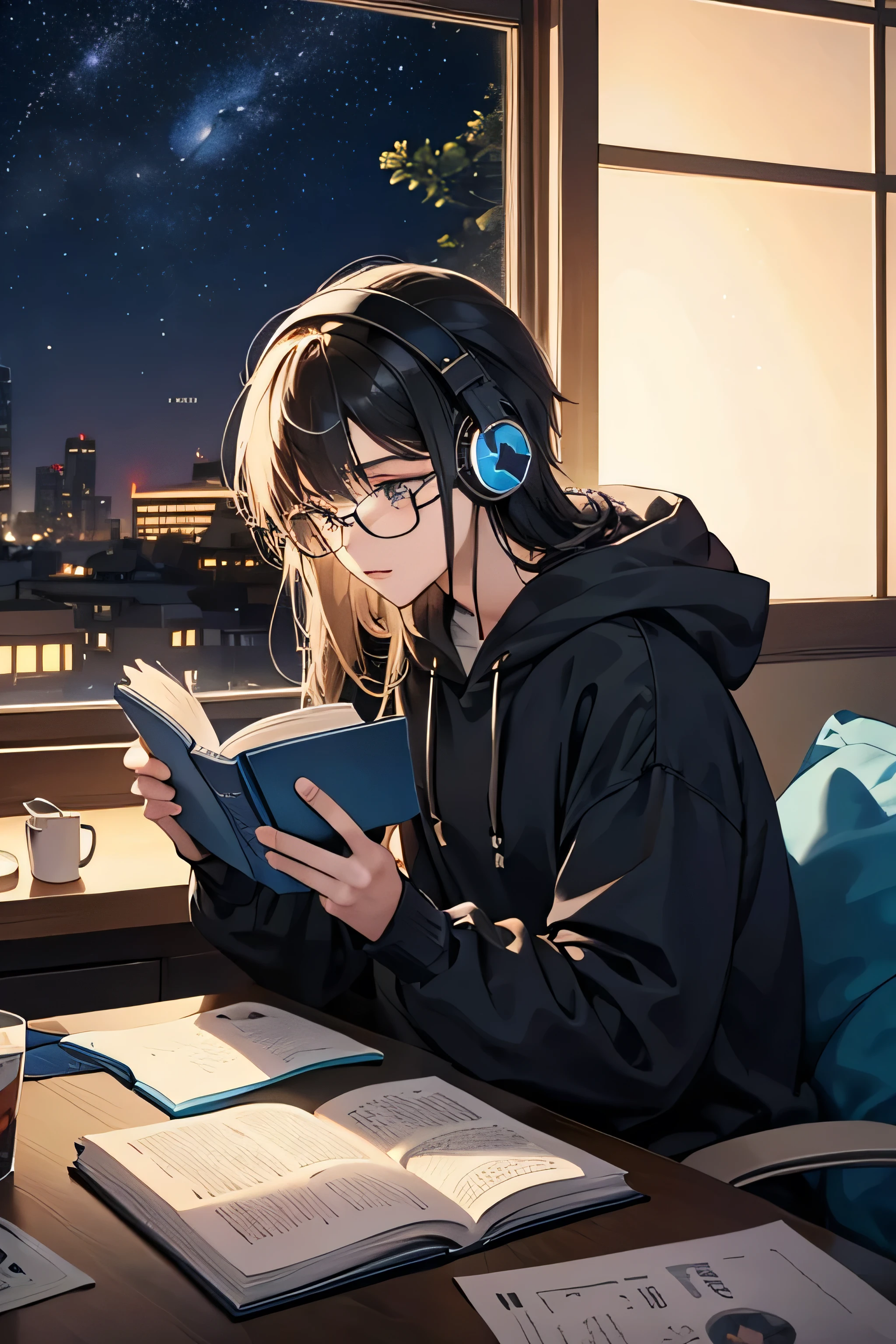 midnight　He is wearing a hoodie and reading a book while listening to music on headphones at his desk　Beautiful girl with round glasses　Outside the window is a starry sky　Japanese anime style