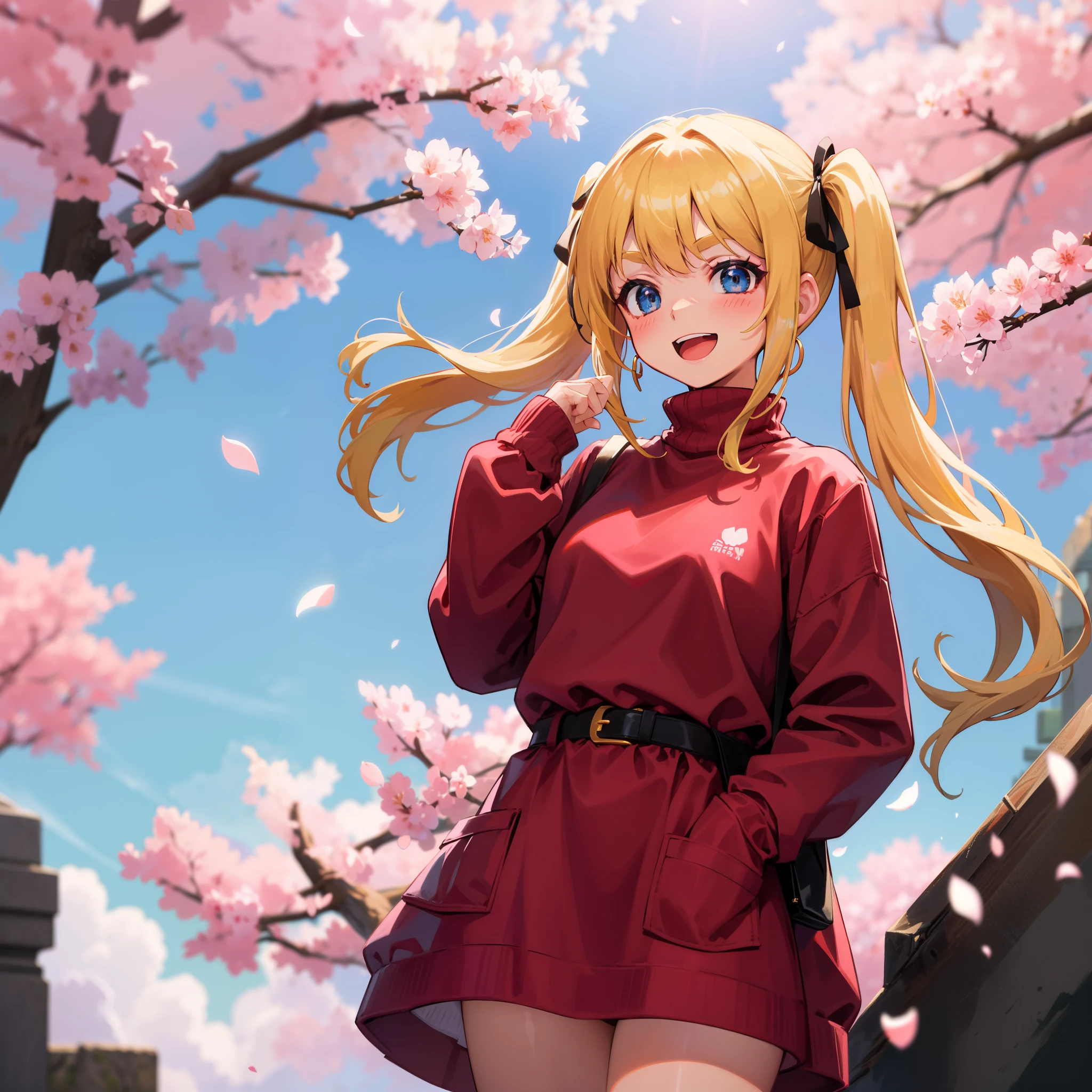 petals, rating:safe, 1girl, twintails, sweater, solo, open_mouth, cherry_blossoms, long_hair, blonde_hair, sleeves_past_wrists, smile, looking_at_viewer, belt, blush, eyebrows_visible_through_hair, dress, hair_ribbon, long_sleeves, turtleneck_sweater, bangs, falling_petals, :d, sweater_dress, cowboy_shot, white_background, turtleneck, ribbon, earrings, pink_sweater, jewelry, simple_background, blue_eyes, very_long_hair, standing