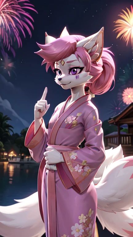 Kimiko Five-Tails, furry female anthro, fox girl, white body fur, pink hair, ((pink kimono, lilac flower on hair)), small breasts, detailed body fur, detailed body, detailed face, detailed eyes, glistering body, shiny body, skinny, :3, multiple tails, multi tail, solo, body fur, (best quality), fireworks, festival, night sky, cinematic lighting, anime style, short ponytail, scar on the eye, 2D, standing,