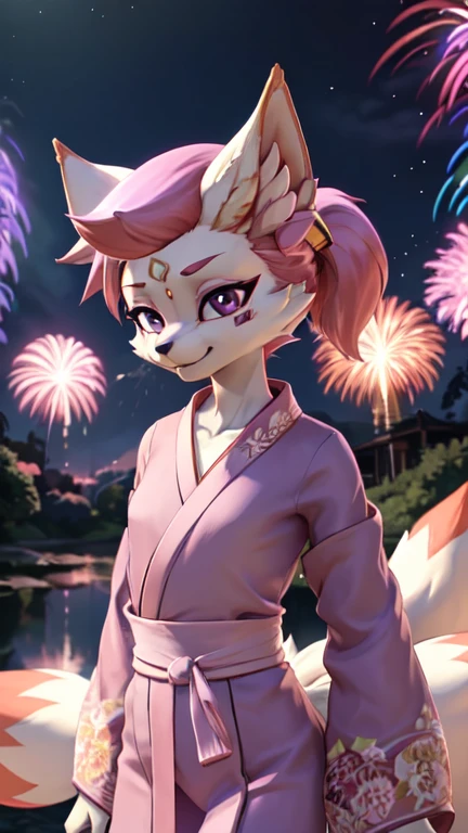 Kimiko Five-Tails, furry female anthro, fox girl, white body fur, pink hair, ((pink kimono, lilac flower on hair)), small breasts, detailed body fur, detailed body, detailed face, detailed eyes, glistering body, shiny body, skinny, :3, multiple tails, multi tail, solo, body fur, (best quality), fireworks, festival, night sky, cinematic lighting, anime style, short ponytail, scar on the eye, 2D, standing,