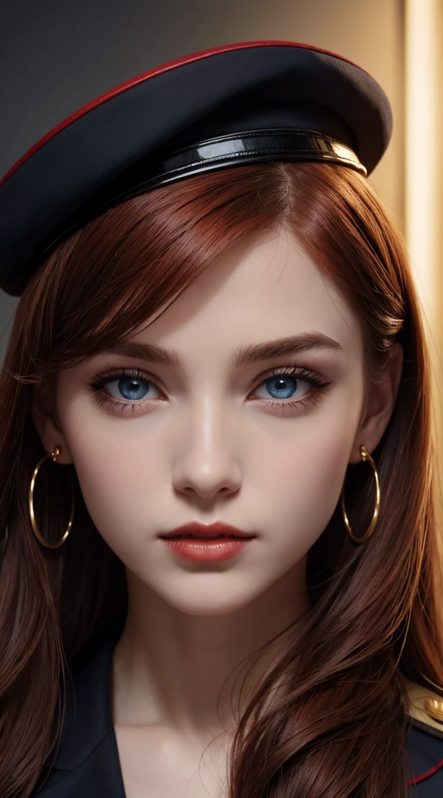 1 beautiful woman, 20 years old, long red hair (tied), pale white skin (highly detailed), bright blue eyes (vampire eyes), perfect body, makeup, red lips, earrings, black and red military officer uniform, cap black and red military officer photo, detailed light, illustration, depth of field (best quality), (background blur: 0.6), beautiful and soft lighting, (front light: 1.5), (ultra high resolution, best quality), (8k), best quality, masterpiece), technological sense, best quality, masterpiece, illustration, official art, incredibly fine details, extremely delicate and beautiful, extremely detailed, highly detailed, sharp focus, rich background, ( real person, photograph), ((highly detailed skin)),