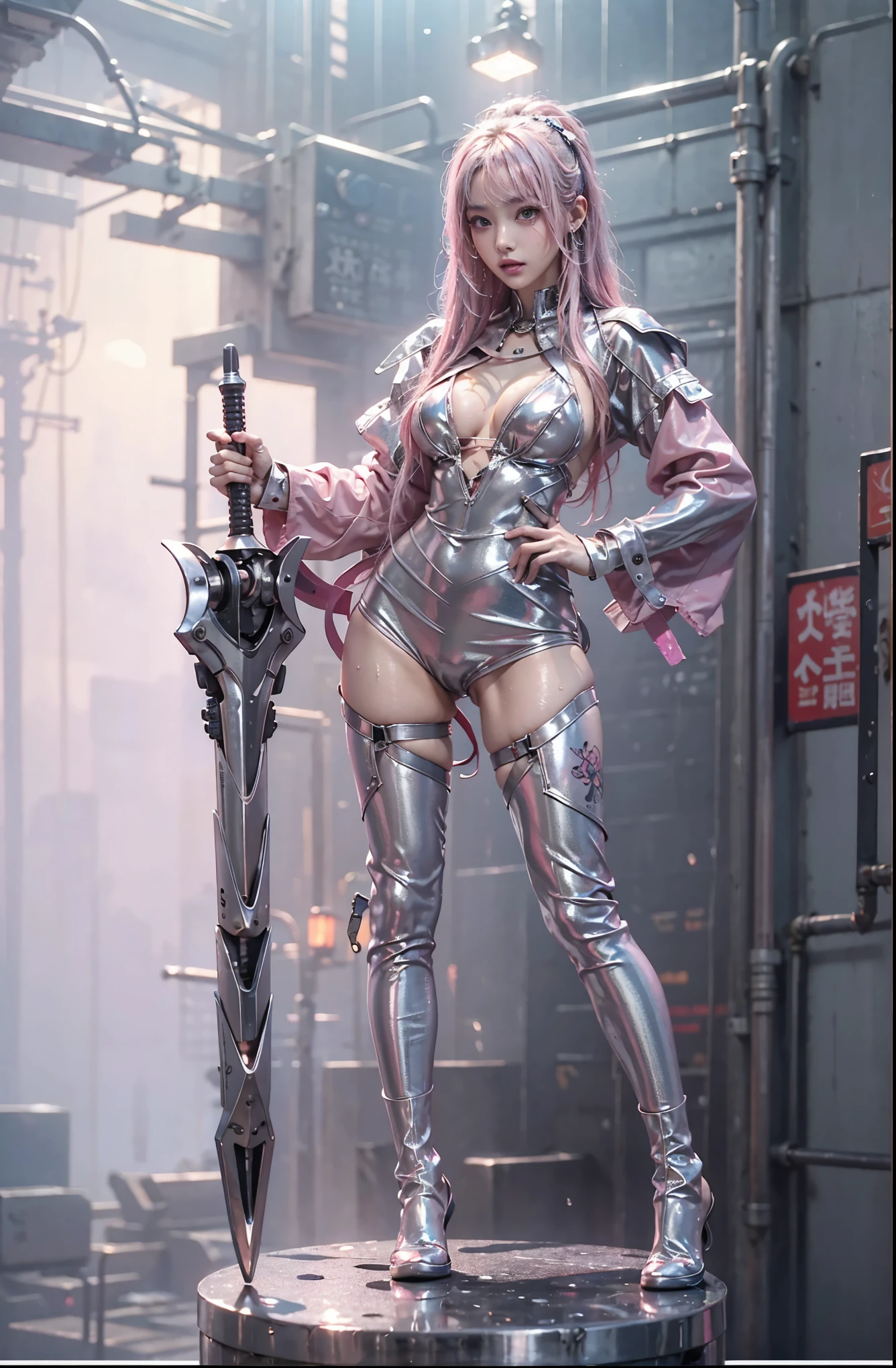 highest quality、Surreal、Perfect Anatomy、Crowded busy street、Surrounded by spectators、Crowd、Wet and shiny white skin、Sweat dripping all over the body、Slender model figure、Ahegao、Silver and pink hair、soaked、Super small face、Collars and Leads、Large cleavage、Cyberpunk City、photo shoot、Maid、Japanese sword、tattoo、