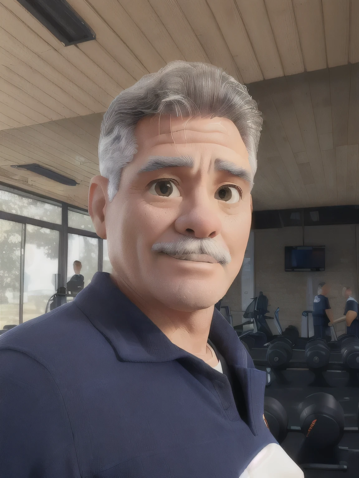 there is a man standing in a gym with dumbs, 5 0 years old man, he is about 60 years old, he is about 6 0 years old, 45 years old men, he is about 5 0 years old, he is about 50 years old, joseph moncada, profile image, ramil sunga, david villegas