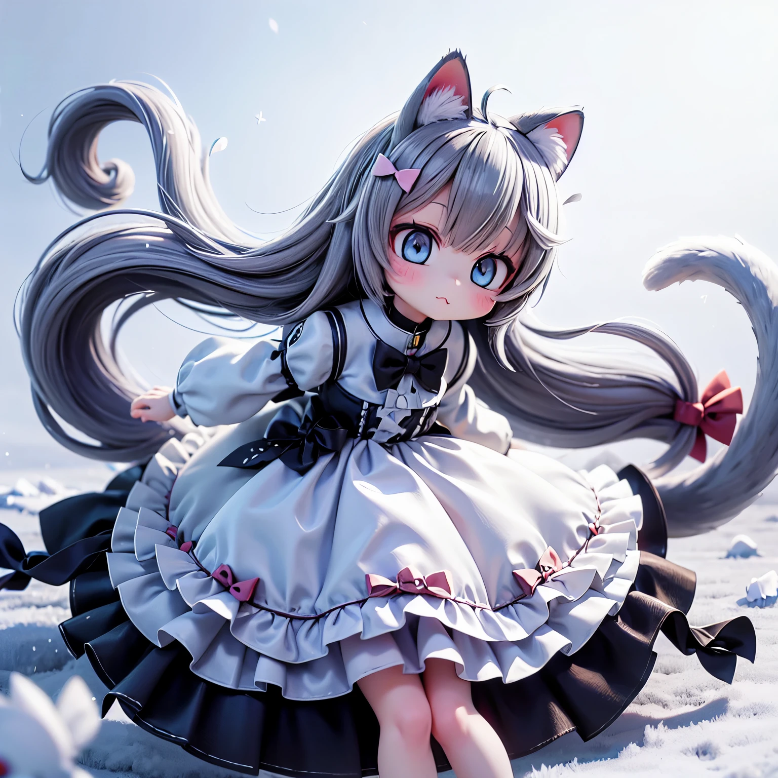 One girl, Animal ears, tail, Little, Gray Hair, Cat ear, alone, cat tail, Long Hair, hair ornaments, Cat girl, Virtual YouTuber, dress, blue eyes, Ahoge, bow, White Background, Animal earsの毛, Hair Clip, Holding