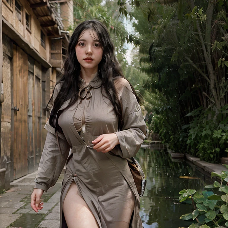 Elara is a young sorceress with long black hair and eyes that shine with determination.. Your skin is pale and your posture is upright, reflecting your confidence and courage. She wears practical clothes, mas elegantes, adequadas para viagens e aventuras, and carries with it an air of mystery and power.