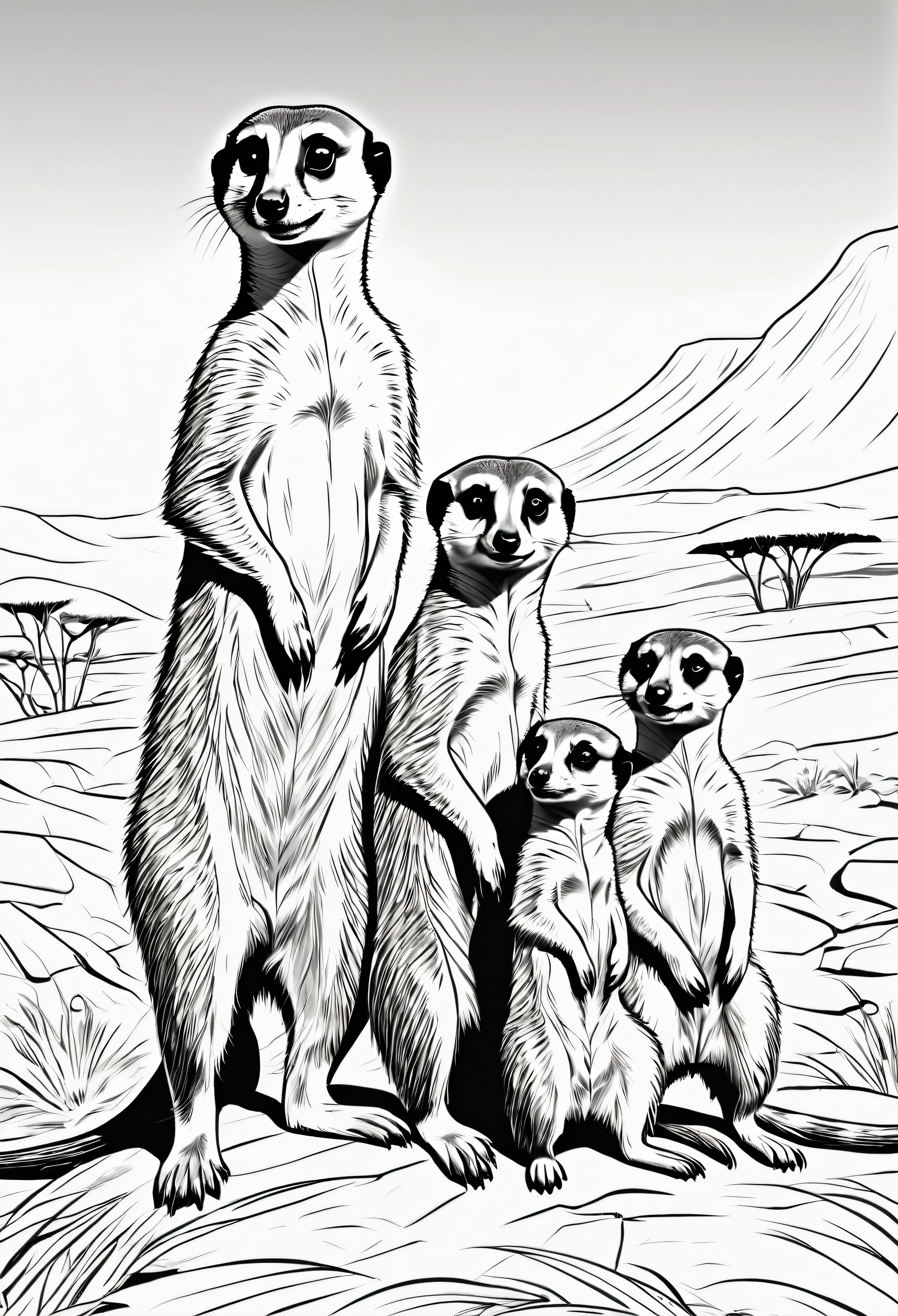 coloring page for kids, meerkat family with one meerkat on the look outin the Serengeti, cartoon style, thick lines