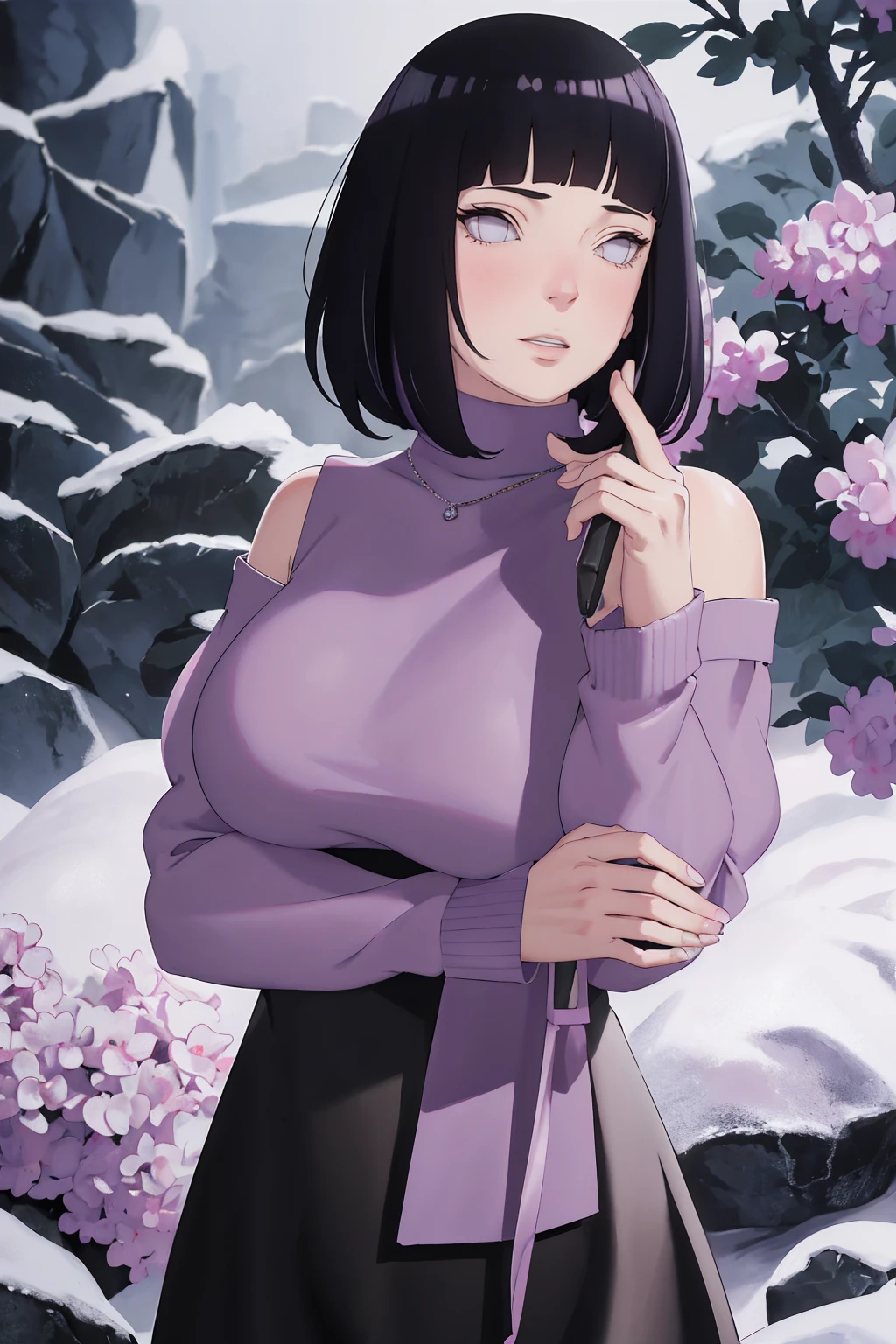 { - anatomy error} (Masterpiece - Ultra-detailed, very high resolution) (huge titusty, masterpiece, absurdres, hinata\(boruto\), 1girl, solo,mature female, lilac turtleneck blouse, black dress, black long pant, looking at viewelling petals), perfect composition, detailed lips, big breast, beautiful face, body propotion, blush, (pink lips), short hair, (black hair), purple eyes, soft gaze, super realistic, detailed, photoshoot, realistic face and body, closed mouth , lilac eyes, full body, upper body , backwards, looking back, with chin resting on shoulder, hidden hands, perfect fingers, happy face, dinamic poses