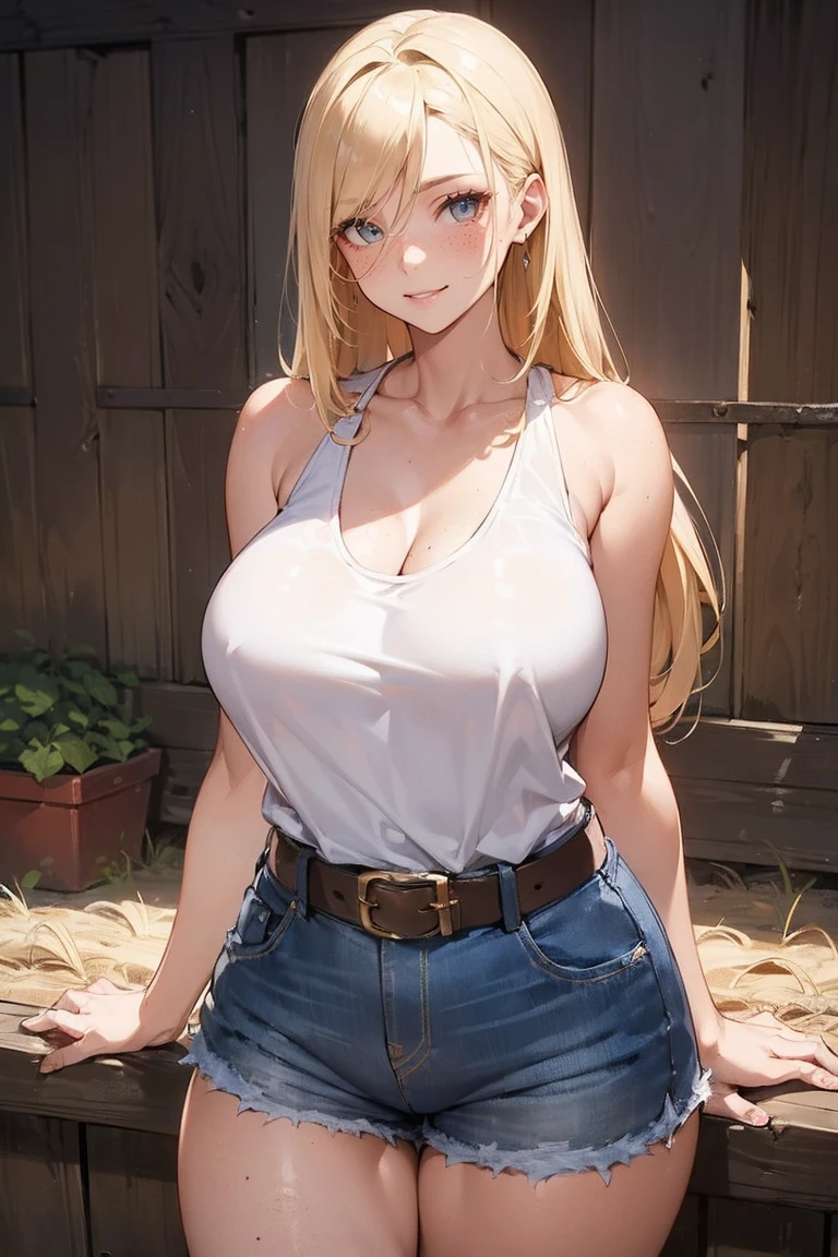 (((SHARP detail perfect face))), (nice hips), detailed skin, ((masterpiece)), best quality, (SHARP details), 4k, ((farmgirl)), (((farm))), (loose tank top), ((white tank top)), ((blonde hair)), sweat, ((huge breasts)), amber eyes, looking at viewer, ((long hair)), ((denim hotpants)), (hay), outdoors, solo, (asymmetric hair), (freckles), tanned, stable, ((wide hips)), slightly toned, (smiling), mature, motherly MILF, ((leather belt)), (fence), good colors, good lighting, (seducing viewer), lewd, big ass,
