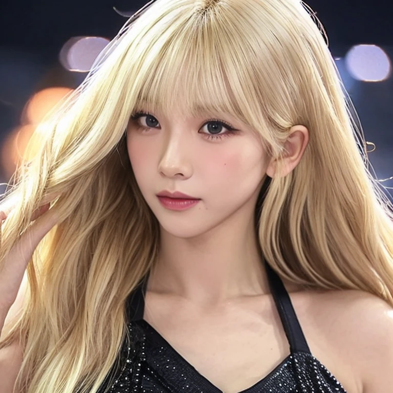 A woman with long blonde hair and bangs to her eyebrows, usando um body preto, without expression, noite, em um palco de diamante 