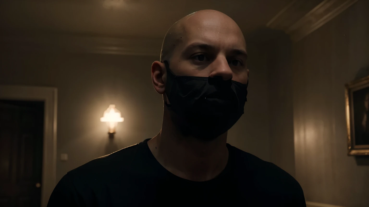 (best quality, highres:1.2), ultra-detailed, realistic:1.37, dark and atmospheric room, bald man, eyeless face, noseless face, mouthless face, pale white face, eerie ambiance