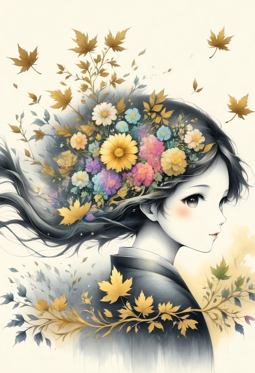 (Gold leaf art:1.5),(Metallic luster:1.45),Minimalism,(Line art:1.6),sketch,charcoal drawing,mask,flower,Illustration in surreal art style,surreal dream,Dubrec style,(Multiple Exposure:1.8),Dreams of happiness,