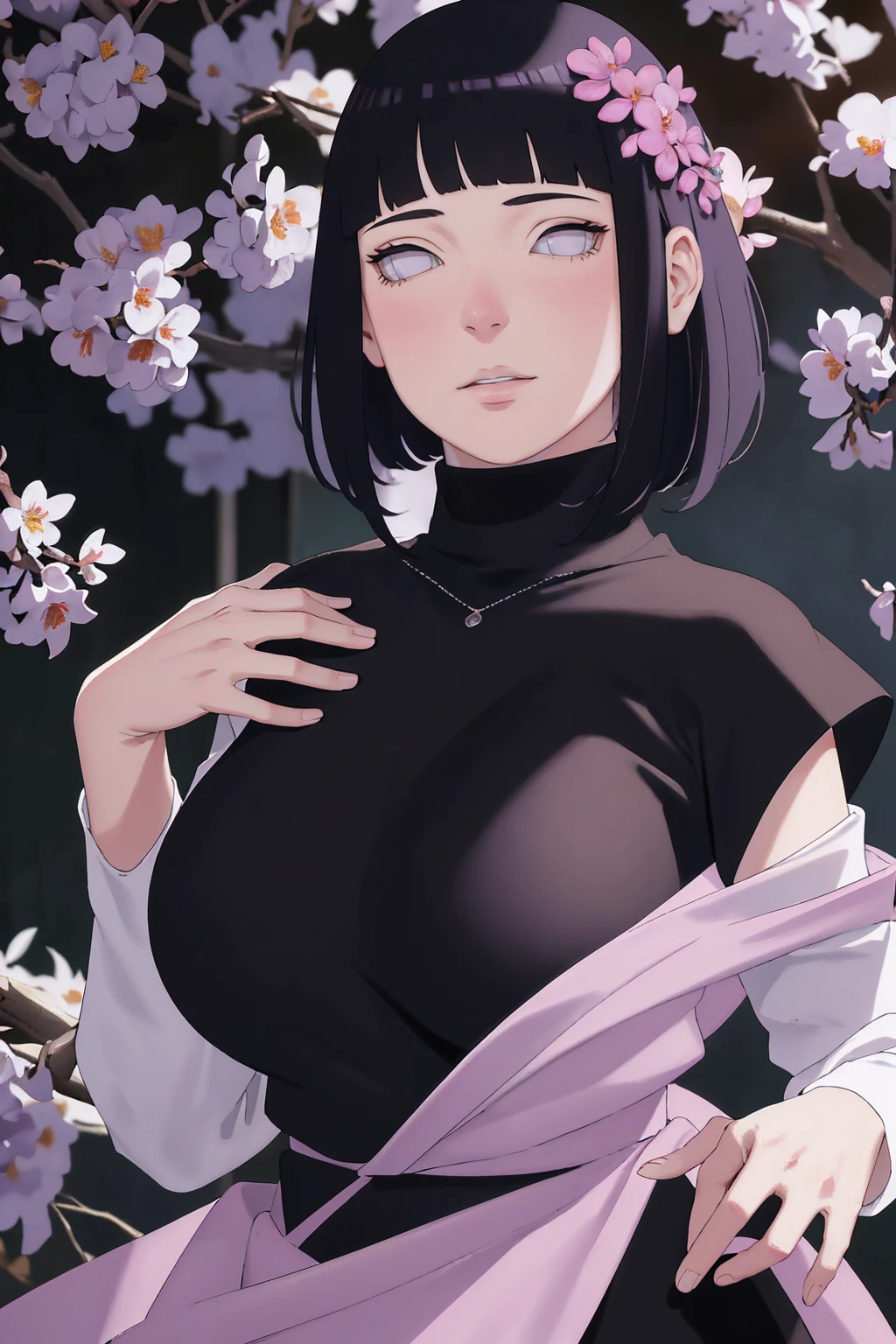 { - anatomy error} (Masterpiece - Ultra-detailed, very high resolution) (huge usty, masterpiece, absurdres, hinata\(boruto\), 1girl, solo,matmale, lilac turtleneck blouse, black dress, black long pant, looking at viewelling petals), perfect composition, detailed lips, big breast, bul face, body propotion, blush, (pink lips), short hair, (black hair), purple eyes, soft gaze, super realistic, detailed, photoshoot, realistic face and body, closed mouth , lilac eyes, full body, upper body , backwards, looking back, with chin resting on shoulder, hidden hands, perfect fingers, happy face, dinamic poses