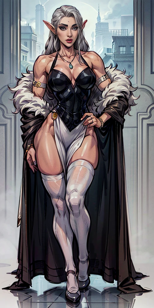 Pirotess dark elf. 1girl, white silver long hair, tellow eyes, white dress, black stockings, white high heels, jewelry necklace, fur coat, portrait