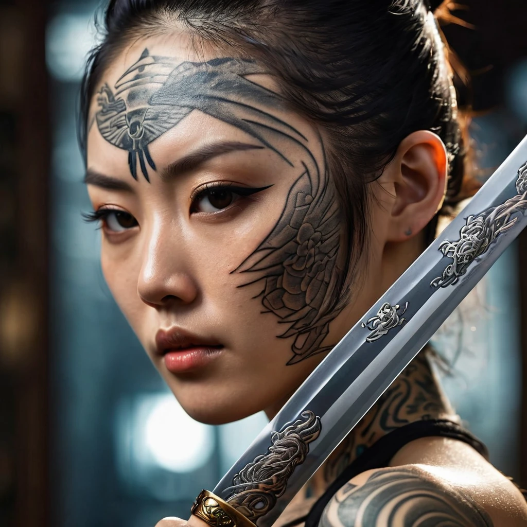 Reflective art. A beautiful Japanese woman with tattoos on her face and body in a reflective katana blade. Close-up shooting along the blade. focus on the reflection of a woman . A unique photo work worthy of winning at 35awards. The background is blurred. A masterpiece . perfect composition, beautiful detailed intricate insanely detailed octane render