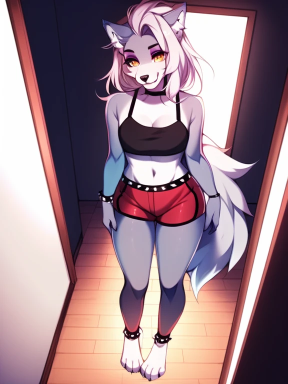 Solo:1.2, by hyattlen, By fumiko, Fnafroxanne, FNAF, Roxanne Wolf, white hair, green bangs, in a dressing room, club lighting, overhead view, red Bikeshorts, anthro wolf girl, standing on the floor, yellow eyes, feet in frame, 4 toes, smiling softly