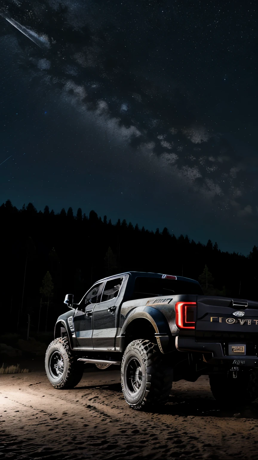 Night time, Sky Full of Stars, jet trail in the sky, Full Body Shot, Dramatic, Hollywood, Motion, dust trails, muddy road, There is a matte black Ford F450 Monster Truck with Huge Wheels and Tires, black tint windows, with race stickers on the windshield and body of the car. It is driving a rocky terrain in Aspen, Colorado. It is day time, and there are trees and cliffs in the background. Ultrarealistic, 8K, 16K, Photorealistic, Photorealism, offroad, 4x4, America