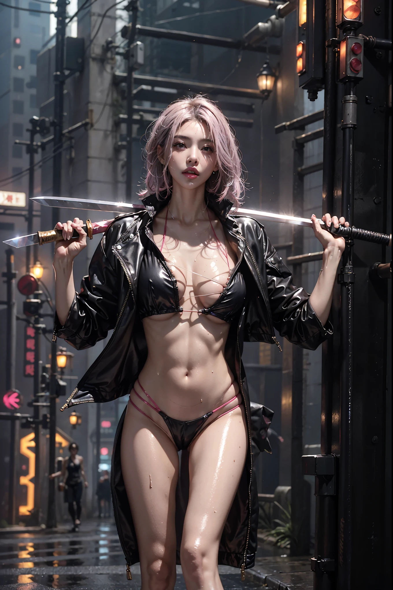 highest quality、surreal、perfect anatomy、Wet and shiny white skin、model body shape、Sweat dripping all over the body、Super small face、Ahegao、Cleavage、Cyberpunk City、Monotone urban tech wear、Pink, black, silver and golden hair、Holding a Japan sword in each hand、