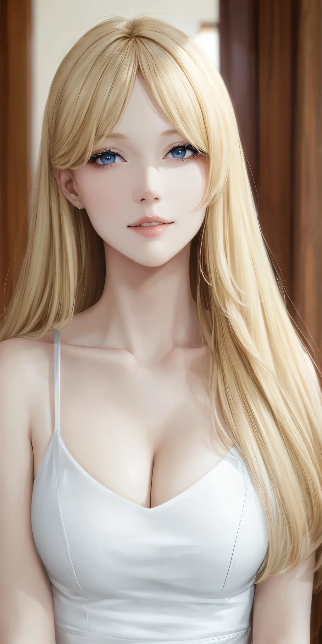 Elegant adult woman, long neck, long blonde hair, bangs, casual clothes, cleavage, soft light, high quality, 4k resolution