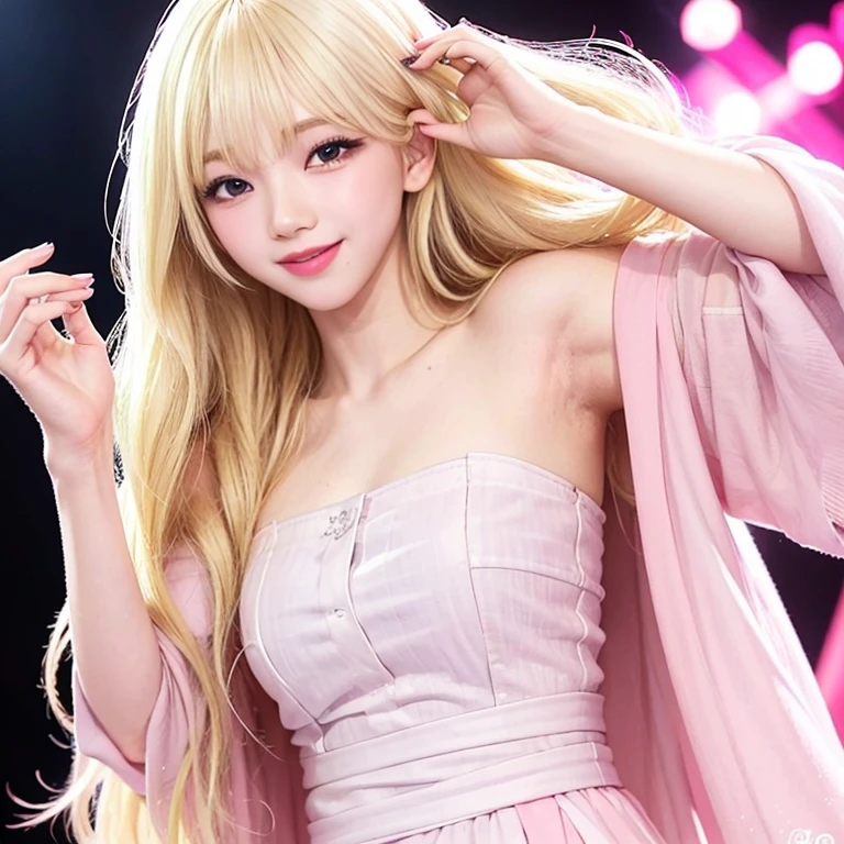 A girl with long blonde hair and bangs to her eyebrows, wearing pink and white clothes, she is singing on stage, smiling