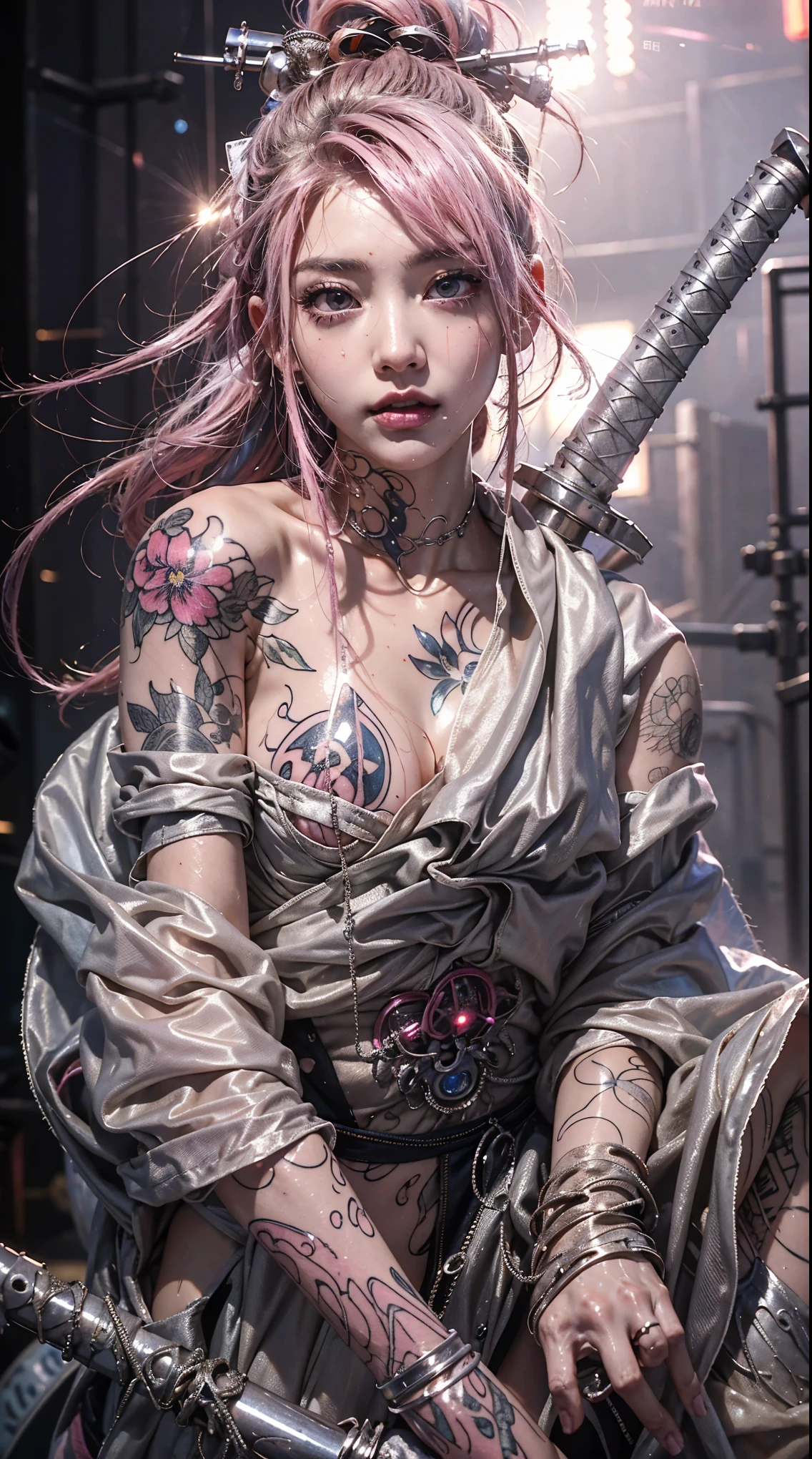 highest quality、Surreal、Perfect Anatomy、Crowded busy street、Surrounded by spectators、Crowd、Wet and shiny white skin、Sweat dripping all over the body、Slender model figure、Ahegao、Silver and pink hair、soaked、Super small face、Collars and Leads、Large cleavage、Cyberpunk City、photo shoot、Maid、Japanese sword、tattoo、