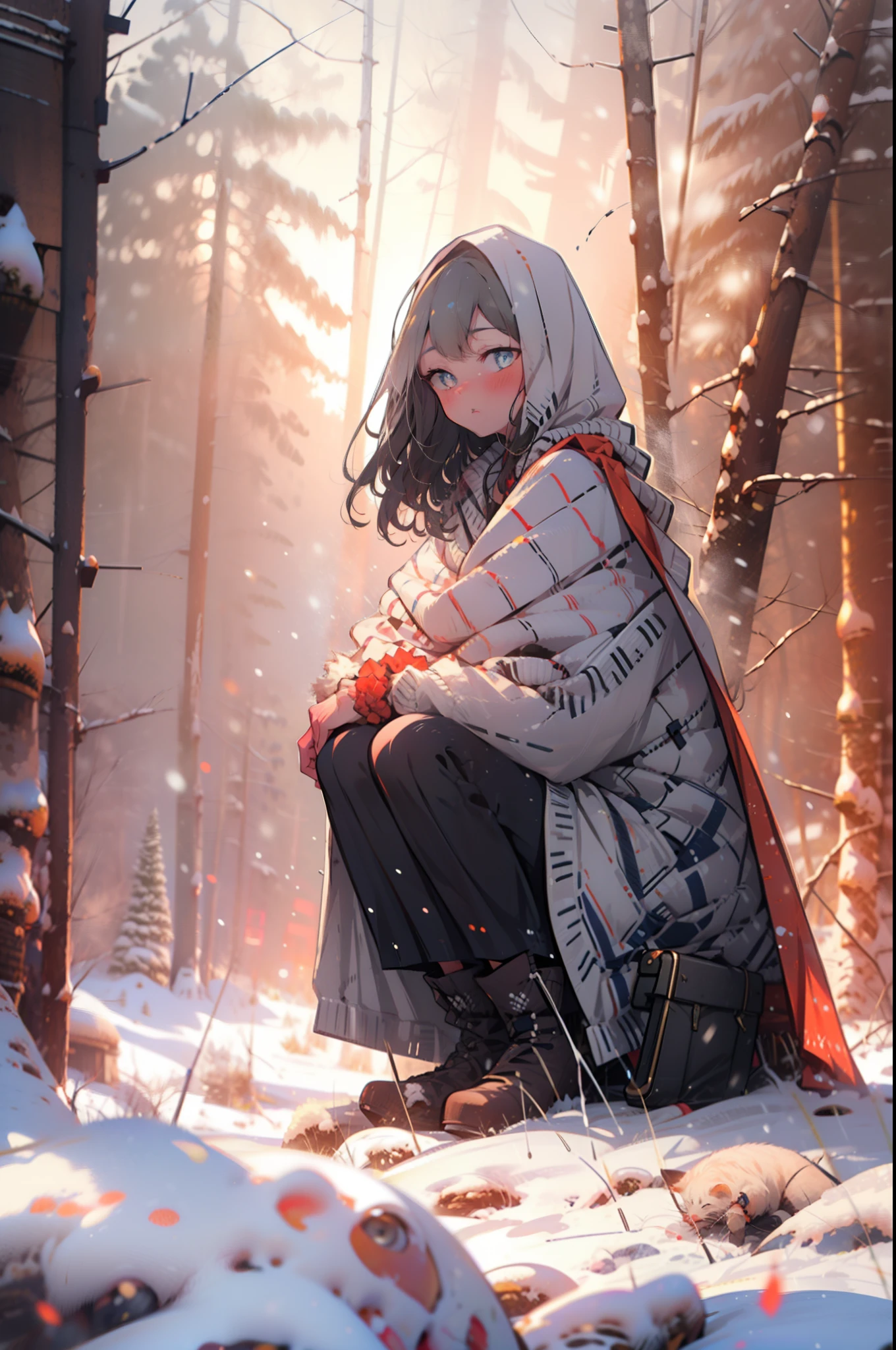 Six flowers, rikka takarada, Black Hair, blue eyes, Long Hair, orange Scrunchie, Scrunchie, wrist Scrunchie,smile,blush,White Breath,
Open your mouth,snow,Ground bonfire, Outdoor, boots, snowing, From the side, wood, suitcase, Cape, Blurred, Increase your meals, forest, White handbag, nature,  Squat, Mouth closed, フードed Cape, winter, Written boundary depth, Black shoes, red Cape break looking at viewer, Upper Body, whole body, break Outdoor, forest, nature, break (masterpiece:1.2), highest quality, High resolution, unity 8k wallpaper, (shape:0.8), (Beautiful and beautiful eyes:1.6), Highly detailed face, Perfect lighting, Highly detailed CG, (Perfect hands, Perfect Anatomy),