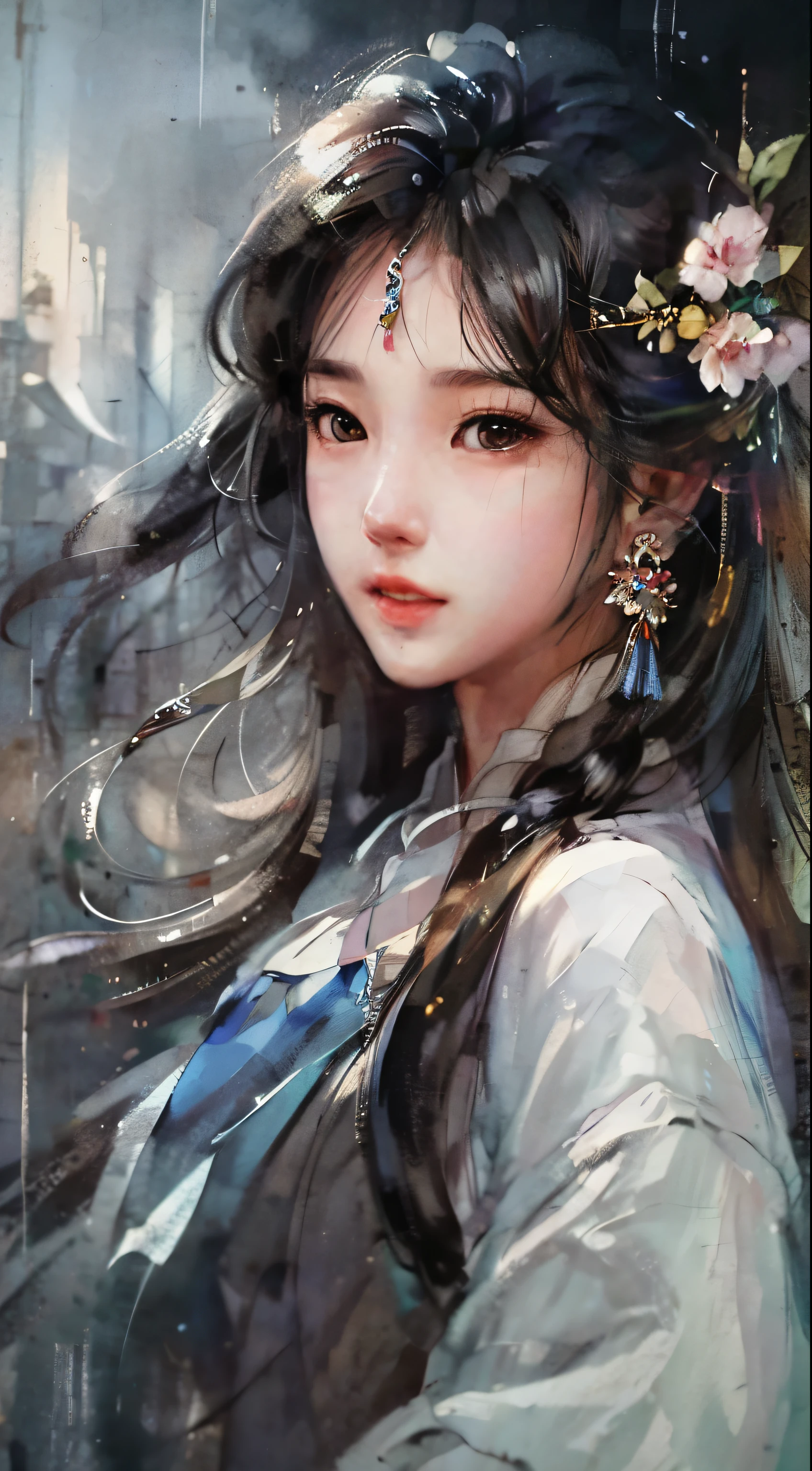 A long hair，Woman with flowers in her hair, Beautiful character painting, Guvitz, Guvitz-style artwork, author：Yang Jie, by Ye Xin, author：Chen Lin, author：Li Song, author：Zhou Wenjing, A beautiful anime portrait, author：Fan Qi, author：Zhang Han, author Ni Tian, author：Li Fangying, author：Cold plum