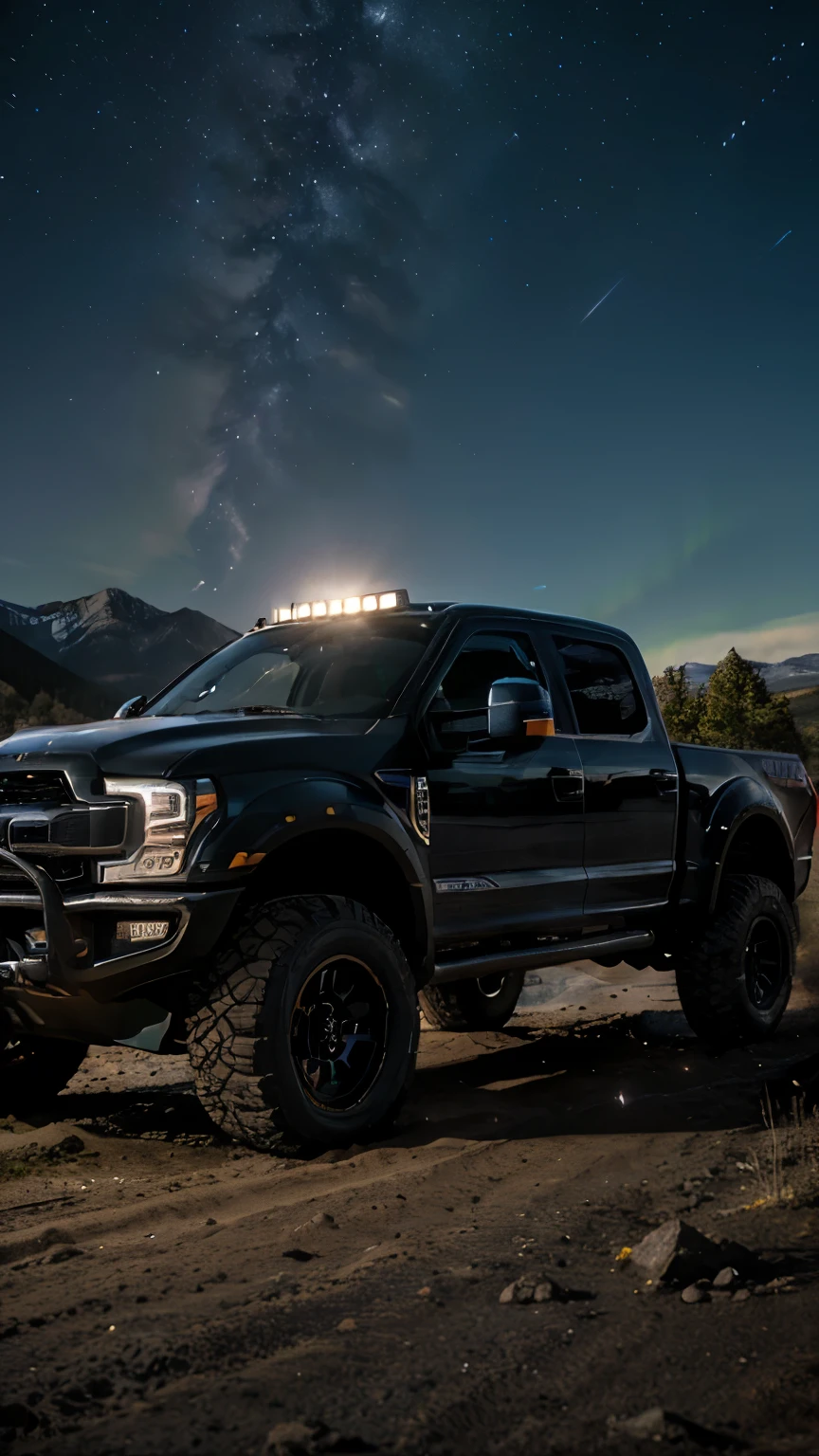 Night time, Sky Full of Stars, milky way galaxy visible in the sky, Aurora Borealis, Full Body Shot, Dramatic, Hollywood, Motion, dust trails, muddy road, There is a matte black Ford F450 Monster Truck with Huge Wheels and Tires, black tinted windows, with race stickers on the windshield and body of the car. It is driving a rocky terrain in Aspen, Colorado. It is day time, and there are trees and cliffs in the background. Ultrarealistic, 8K, 16K, Photorealistic, Photorealism, offroad, 4x4, America, Vignette, DSLR