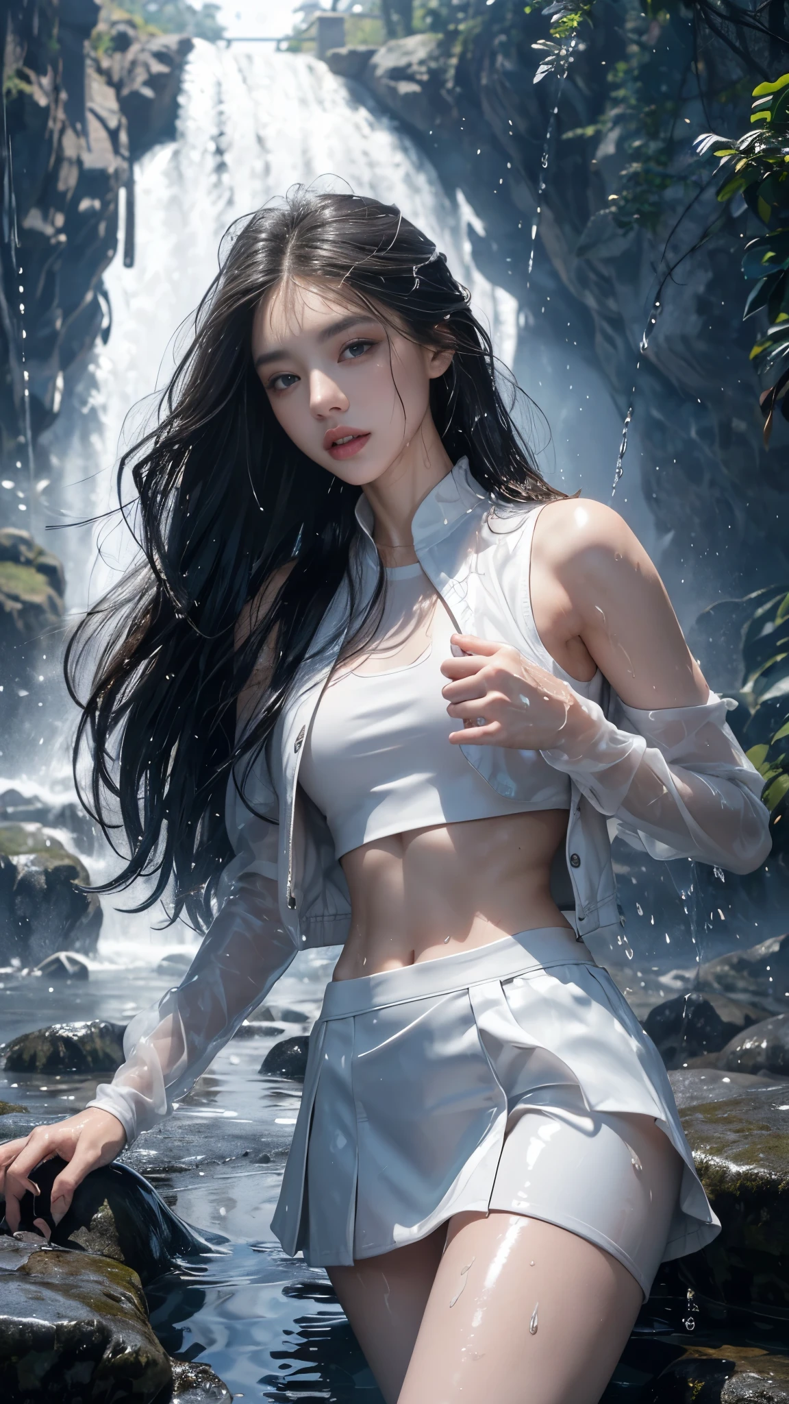 8k, masterpiece, 1 girl, beautiful face, ((ultra long hair)), heavy makeup, (glossy skin:1.5), detailed eyes, detailed lips, small bust, short jacket, wet white vest, ((white mini skirt)), ((under pants)), ((bare thigh)), straps clothing, (water falling:1.5), steam effect, water vapor,