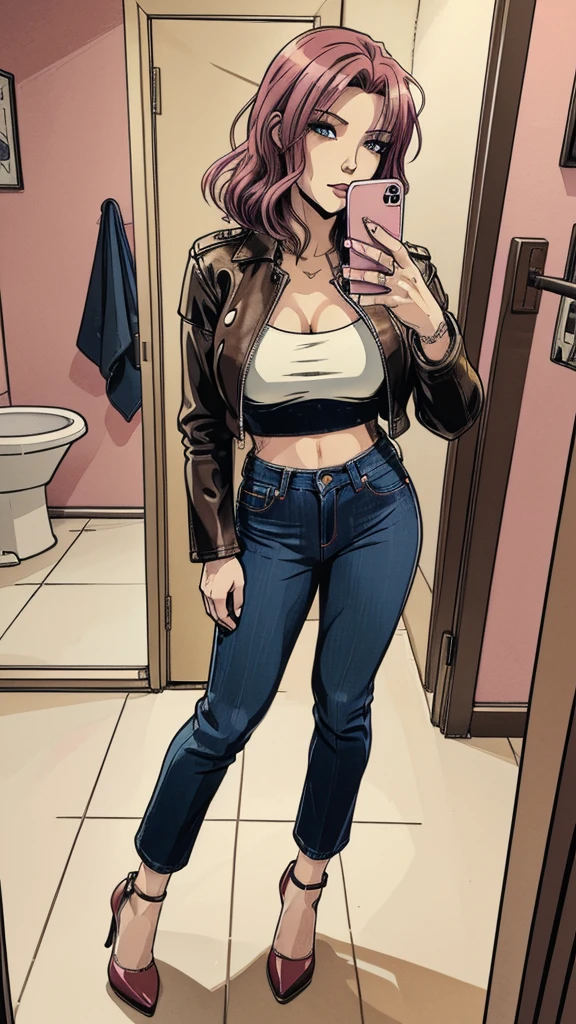 vector image, 2d cartoon,masterpiece, An anime woman, blush,colored hair, provocative makeup,tight bootcut jeans, heels, leather dark jacket, crop-top, taking fuck-me-selfie:1.3, in restroom,