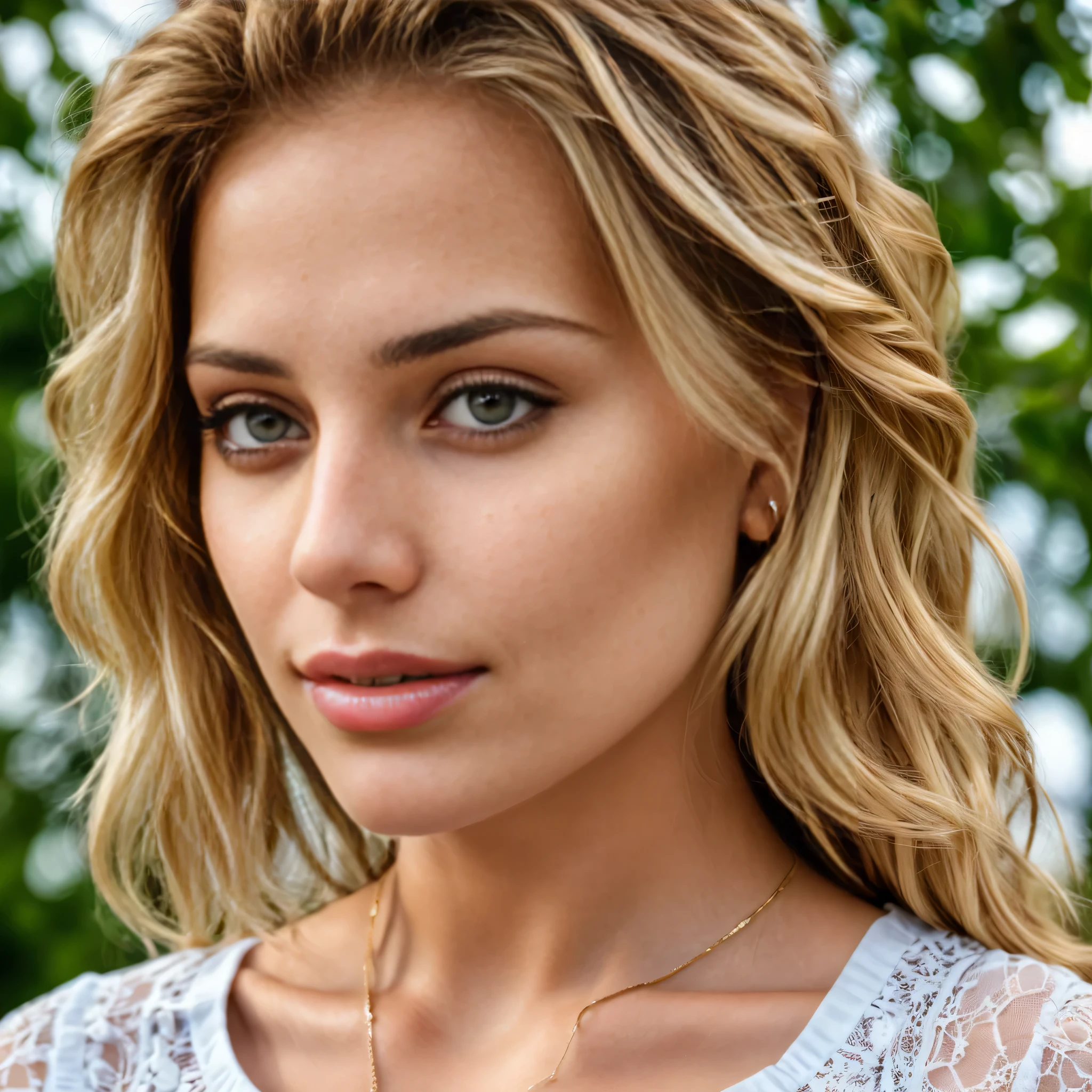 A face of an attractive blonde girl 20 y.o., front shot, full face profile, spotless skin, immensely beautiful, divine beauty, Oval Face, Fair Skin, long blonde Hair, hazel Eyes, beautiful and detailed eyes, Beautiful Nose, (Thick Lips:1.2), Round Chin, Instagram model, cheerful smile, Masterpiece, 8k, uhd, hyperrealistic, award winning, RAW photo, ultra high quality, 35mm photograph, film grain, professional, highly detailed