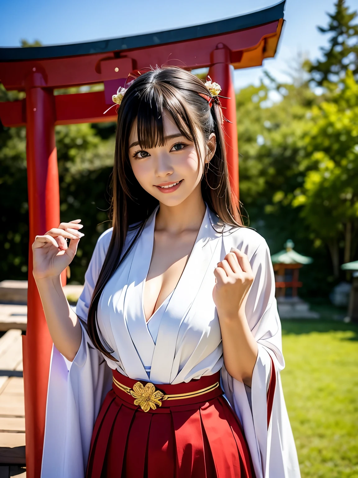 shrine maiden、Crimson too、shrine maiden装束、ceremony、shrine、within the territory、Long Hair、beautiful girl、Clear Skin、Oracle、The chest is slightly open、cowboy shot,shrine maiden outfit,red skirt,smile、