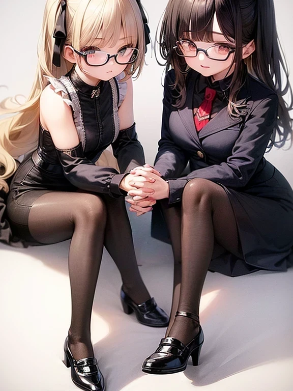 ((highest quality)), ((masterpiece)), (detailed), (whole body), (Two Girls:1.6),
((Girl 1, Black Hair、Glasses、Short Hair, Black business suit、Pencil Skirt、Black Pantyhose、High heels)),
((Girl 2, Blonde、Long Hair, Blue sailor suit、Black high socks、loafers)),
(Girl 1とGirl 2はお互いを見つめる:1.4)、hug、Holding hands