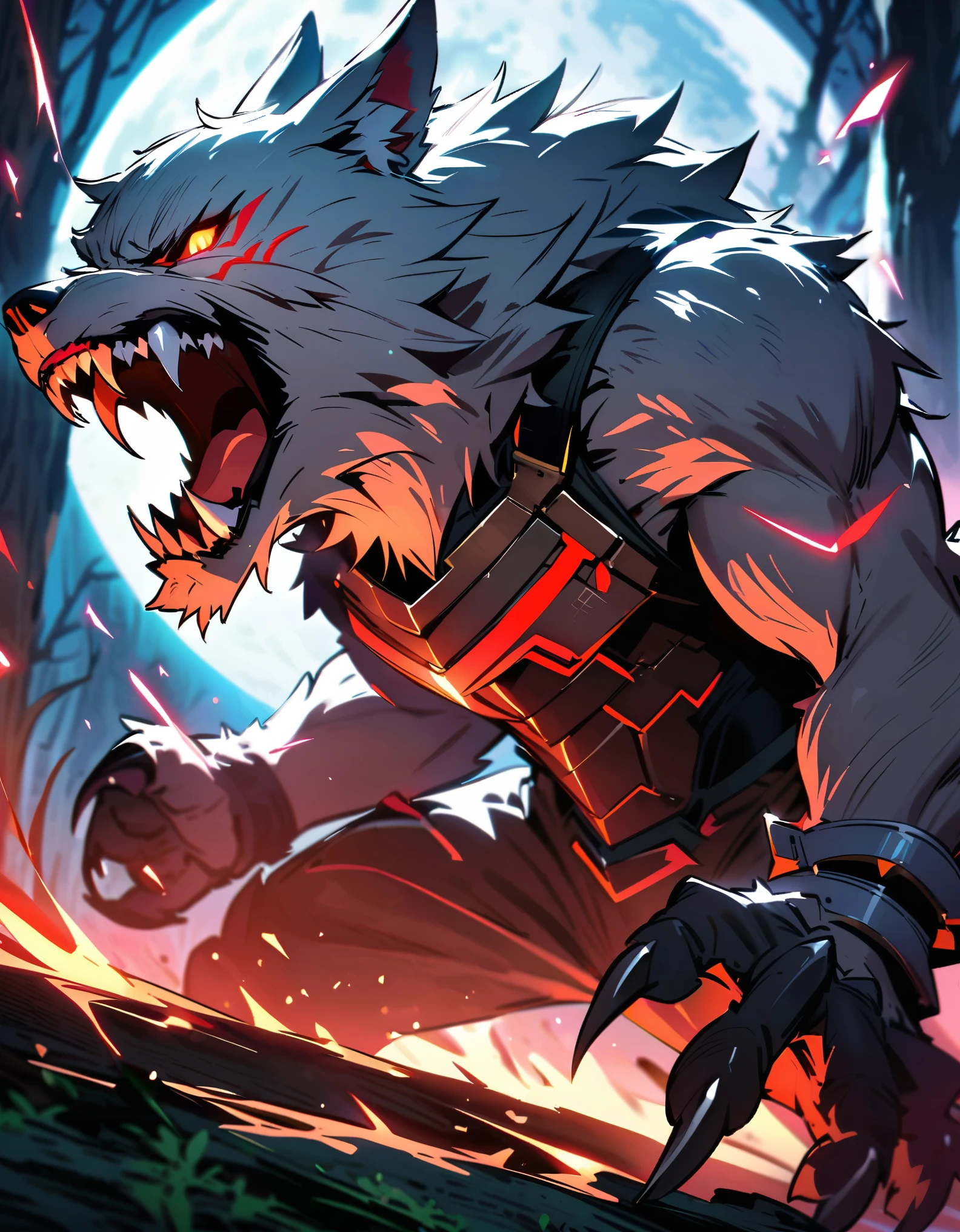 masterpiece, best quality, male focus, armored bodysuit, solo, werewolf, wolf head, sharp wolf claws, menacing stance, white wolf, glowing red eyes, sharp fangs, deep forest, moon, danger atmosphere, snarl