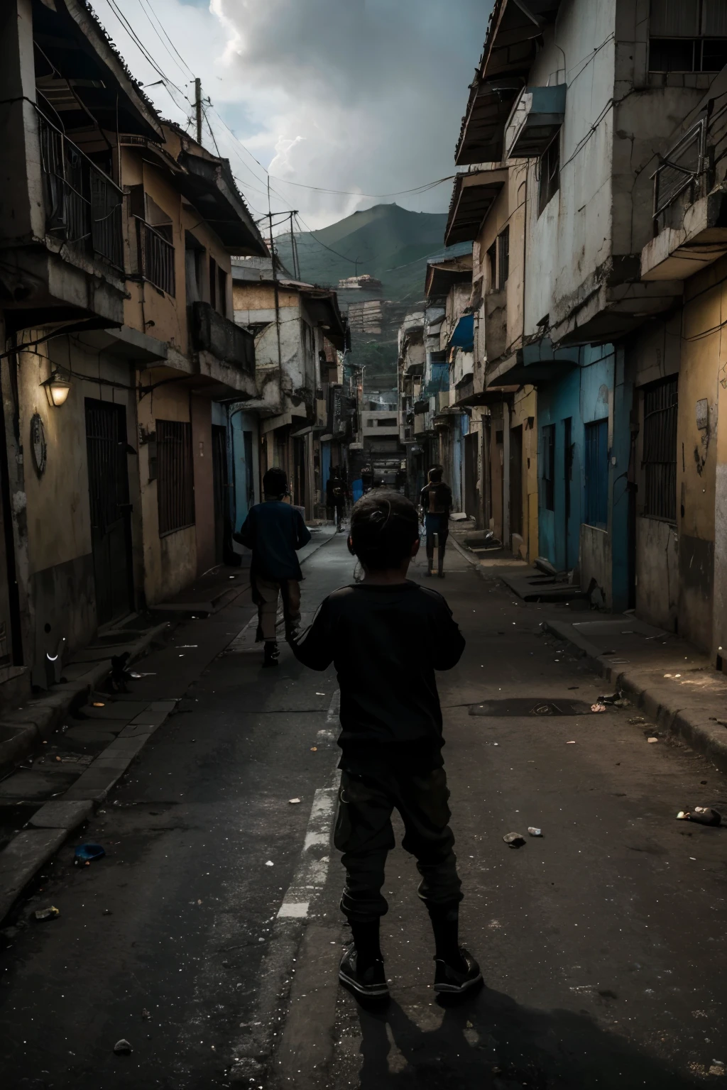 (best quality,highres:1.2),dark,dystopian, children playing in the street, petare caracas, probreza, temor ,dramatic composition,intense atmosphere,haunting colors,harsh lighting,dynamic angles.