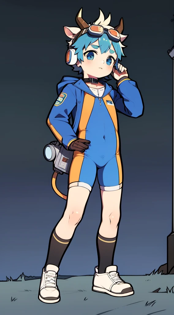 Two-dimensional boy，One-piece mountaineering suit，horn，Cow ears，Put the headphones on your head，stand up，goggles，sports shoes，Slim，Sailor collar，Knee socks，Short sleeve，Leg ring
