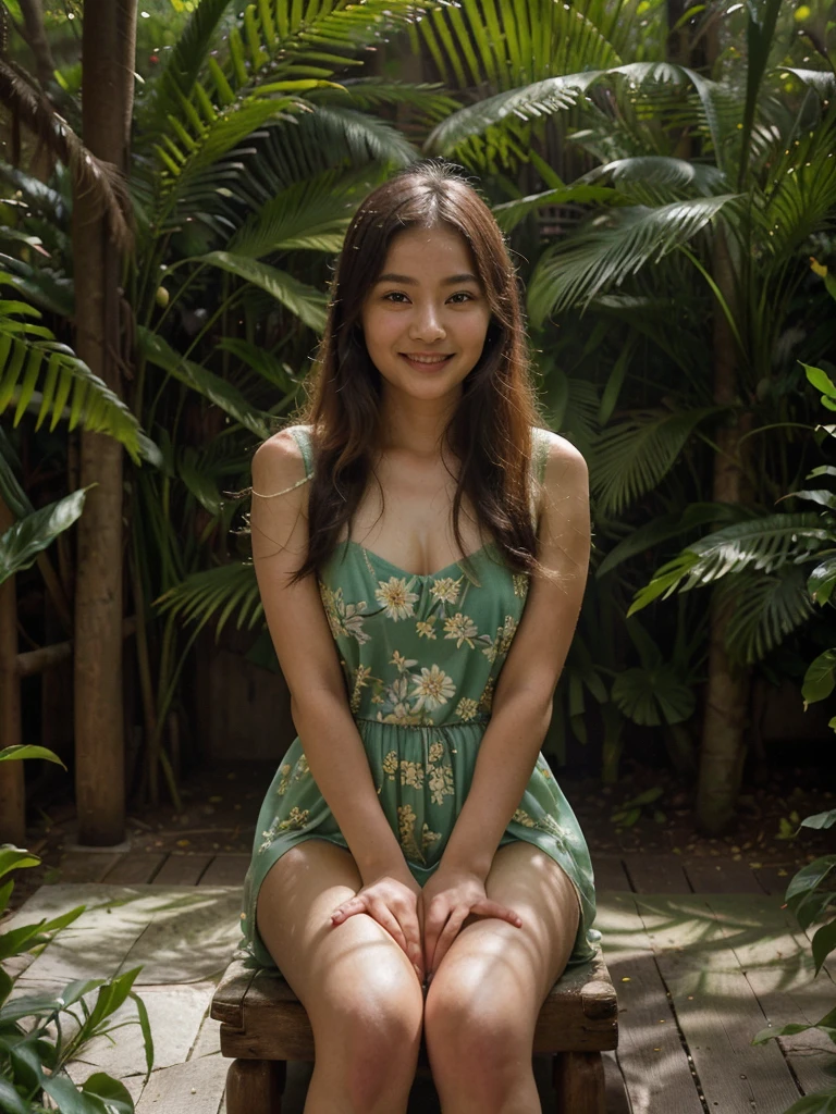 ((best quality,4k,8k,highres,masterpiece:1.2),ultra-detailed,(realistic,photorealistic,photo-realistic:1.37)) A 20-year-old Asian woman with a charming, subtle smile is sitting leisurely in a rainforest.
Material:(illustration, digital painting, high-resolution photography)
Additional Details:The rainforest is filled with lush, vibrant greenery. Rays of sunlight penetrate through the dense canopy, casting a mesmerizing play of light and shadow. The woman is surrounded by colorful and exotic flowers, their delicate petals adding a touch of elegance to the scene. The air is filled with the melodious sounds of chirping birds and the gentle rustling of leaves.
Art style:(portrait, atmospheric)
Color tone:(soft, natural, vibrant)
light:The warm, golden sunlight illuminates the woman's face, highlighting her delicate features and giving her skin a radiant glow. The shadows cast by the trees create a sense of depth and dimension, adding to the overall atmospheric beauty of the scene.
I want to draw a dreamlike scene.,Showing a young beautiful Asian woman enjoying her time in a peaceful rain forest。Her smile reveals inner peace and happiness,The winding branches and fresh flowers add more charm to the whole picture.。I hope this painting will capture this wonderful scene with the highest quality and fidelity.,It brings visual enjoyment and inner peace to the viewers.。