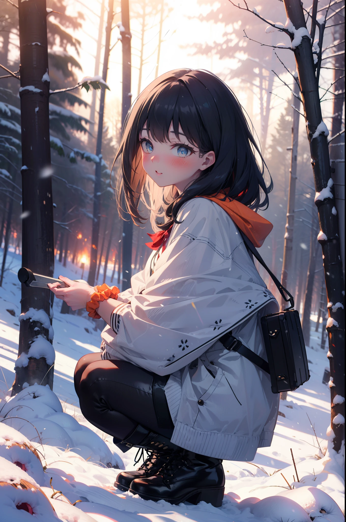 Six flowers, rikka takarada, Black Hair, blue eyes, Long Hair, orange Scrunchie, Scrunchie, wrist Scrunchie,smile,blush,White Breath,
Open your mouth,snow,Ground bonfire, Outdoor, boots, snowing, From the side, wood, suitcase, Cape, Blurred, Increase your meals, forest, White handbag, nature, Squat, Mouth closed, フードed Cape, winter, Written boundary depth, Black shoes, red Cape break looking at viewer, Upper Body, whole body, break Outdoor, forest, nature, break (masterpiece:1.2), highest quality, High resolution, unity 8k wallpaper, (shape:0.8), (Beautiful and beautiful eyes:1.6), Highly detailed face, Perfect lighting, Highly detailed CG, (Perfect hands, Perfect Anatomy),
