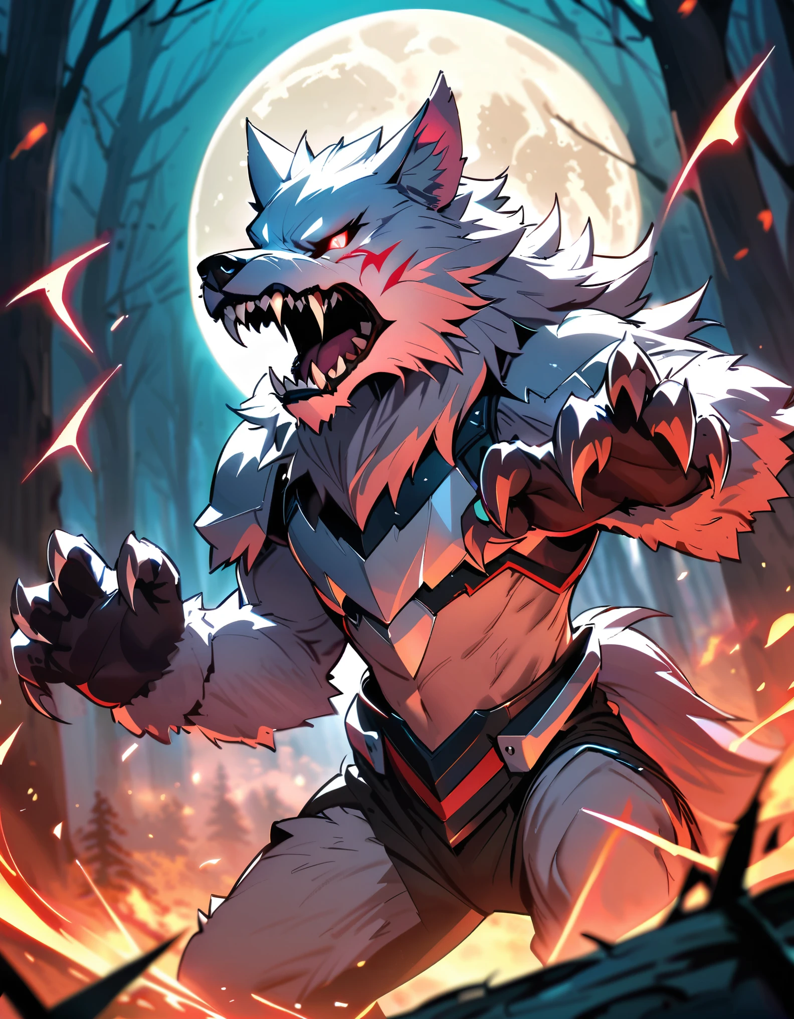 masterpiece, best quality, male focus, armored bodysuit, solo, werewolf, wolf head, sharp wolf claws, menacing stance, white wolf, glowing red eyes, sharp fangs, deep forest, moon, danger atmosphere, snarl