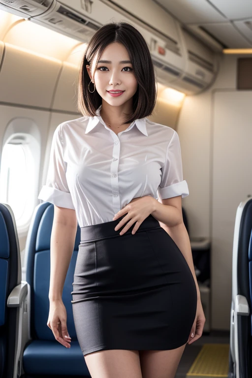 1 woman, 40 years、A very face too detailed、detailed lips、Detailed eyes、Double eyelids、(black bob hair、Smile as you walk slowly down the aisle.)、(Receptionist uniform:1.2)、(charming body)、(Huge tits)、thighs thighs thighs thighs, Perfect fit, Perfect picture realism, background with: (Business Class aisle on board:1.2), cowboy shoot, Deep Background, detailed costumes, perfect thing、hyperrealism、(Virtual image:1.4)、Maximum resolution 8K, (Masterpiece), very detailed, professional, The camera faces the butt., Waist shot