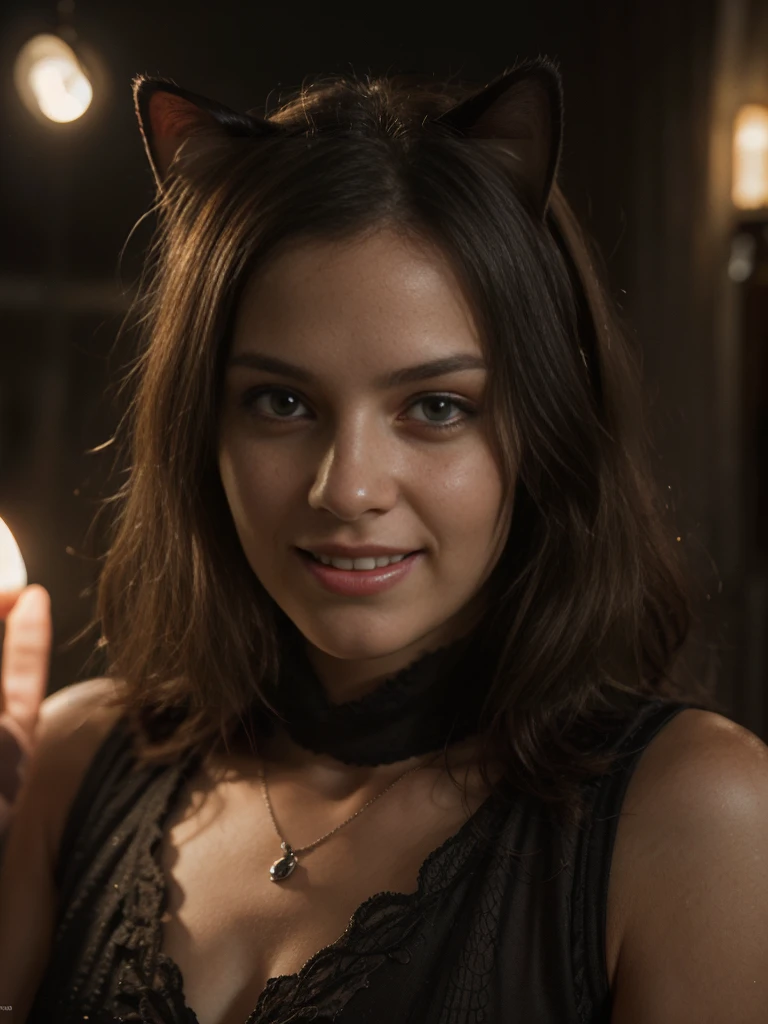(Highest quality:1.3), cinematic shot, masterpiece, (sharp focus:1.5), (photorealistic:1.3), medium portrait of (a cat immersed in a surreal world surrounded by light, cute cat, cute smile, bottom view, viewed from the ground, a few torches burn on the walls, giving the scene a dark atmosphere but sculpting the forms in sharp chiaroscuro), it is night time, (highly detailed texture), (detailed face), detailed background, dark lighting, twilight lighting, volumetric lighting, intricate details, UHD,
