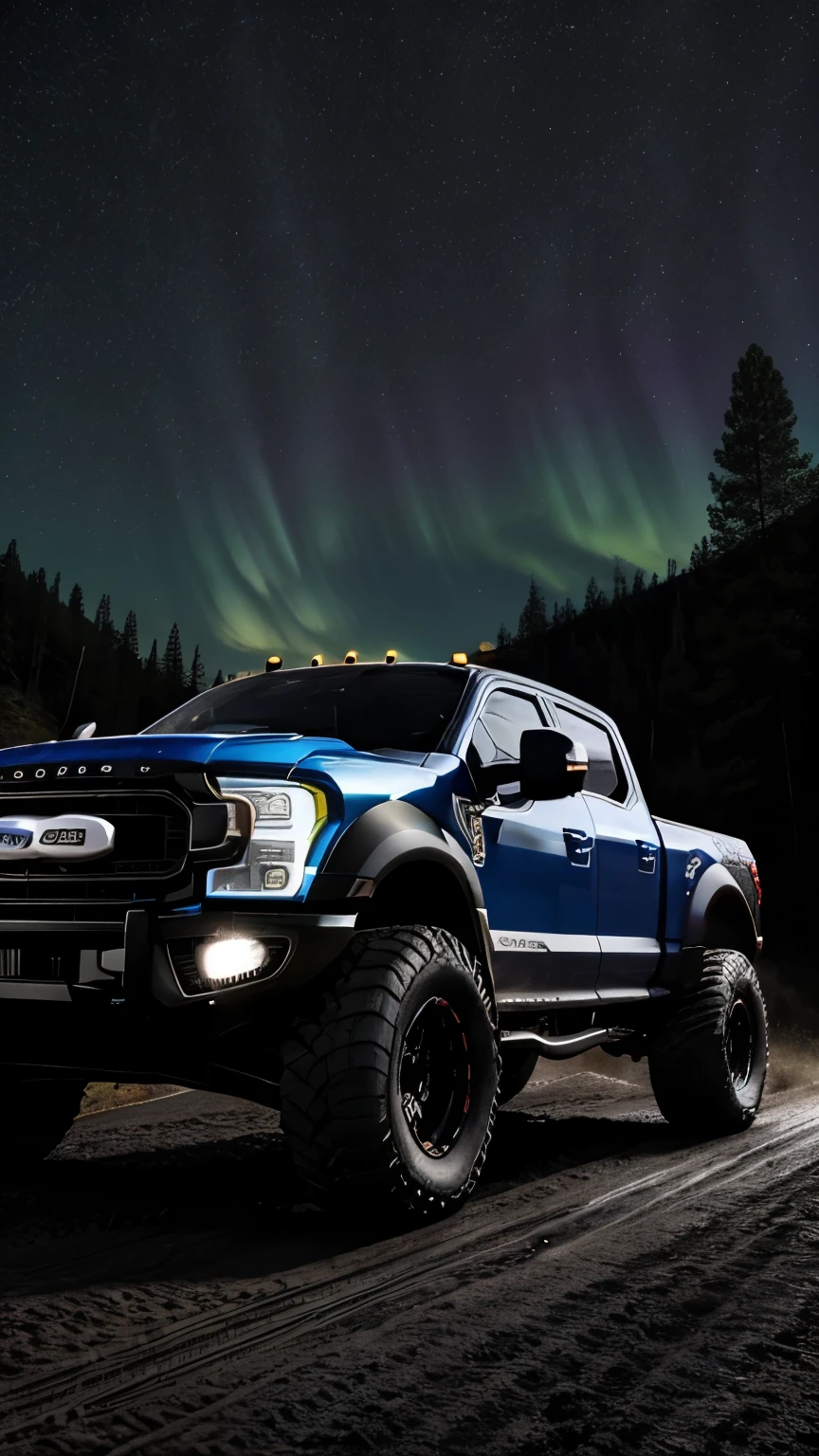 23:05:18 
Night time, Sky Full of Stars, milky way galaxy visible in the sky, Aurora Borealis, Full Body Shot, Dramatic, Hollywood, Motion, dust trails, muddy road, There is a matte black Ford F450 Monster Truck with Huge Wheels and Tires, black tinted windows, with race stickers on the windshield and body of the car. It is driving a rocky terrain in Aspen, Colorado. It is day time, and there are trees and cliffs in the background. Ultrarealistic, 8K, 16K, Photorealistic, Photorealism, offroad, 4x4, America, Vignette, DSLR