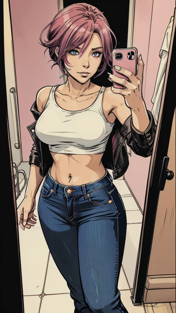 vector image, 2d cartoon,masterpiece, An anime woman, blush,colored hair, provocative makeup,tight bootcut jeans, heels, leather dark jacket, crop-top, taking fuck-me-selfie:1.3, in restroom, from above