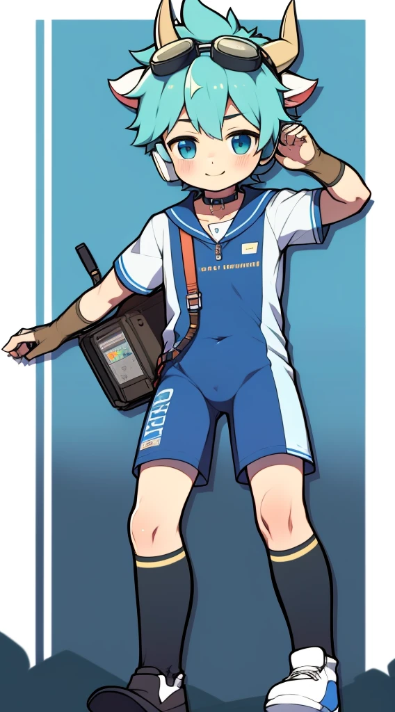 Two-dimensional boy,One-piece mountaineering suit,horn,Cow ears,Put the headphones on your head,stand up,goggles,sports shoes,Slim,Sailor collar,Knee socks,Short sleeve,Leg ring,cute,happy