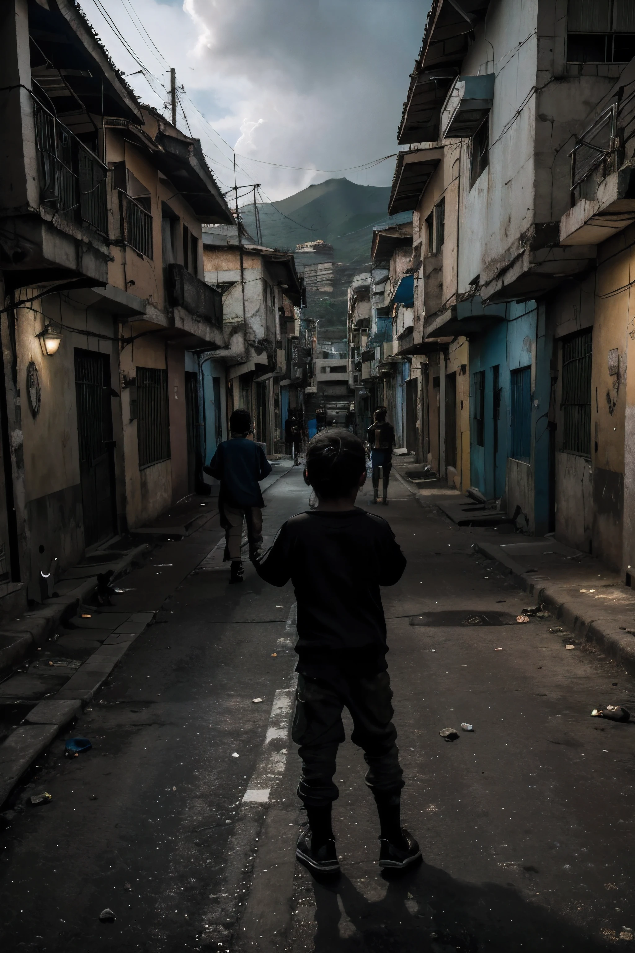 (best quality,highres:1.2),dark,dystopian, children playing in the street, petare caracas, probreza, temor ,dramatic composition,intense atmosphere,haunting colors,harsh lighting,dynamic angles.
