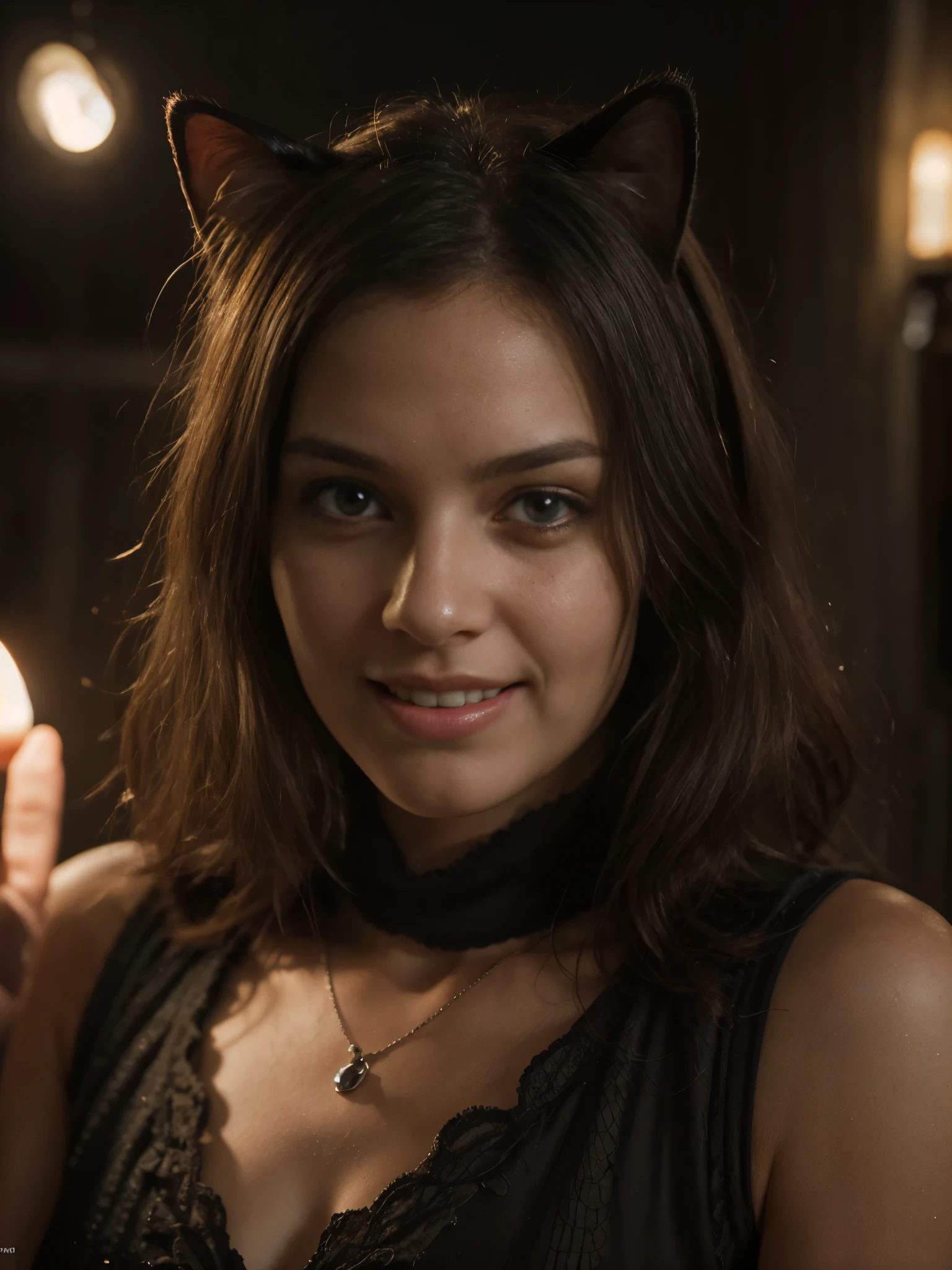 (Highest quality:1.3), cinematic shot, masterpiece, (sharp focus:1.5), (photorealistic:1.3), medium portrait of (a cat immersed in a surreal world surrounded by light, cute cat, cute smile, bottom view, viewed from the ground, a few torches burn on the walls, giving the scene a dark atmosphere but sculpting the forms in sharp chiaroscuro), it is night time, (highly detailed texture), (detailed face), detailed background, dark lighting, twilight lighting, volumetric lighting, intricate details, UHD,