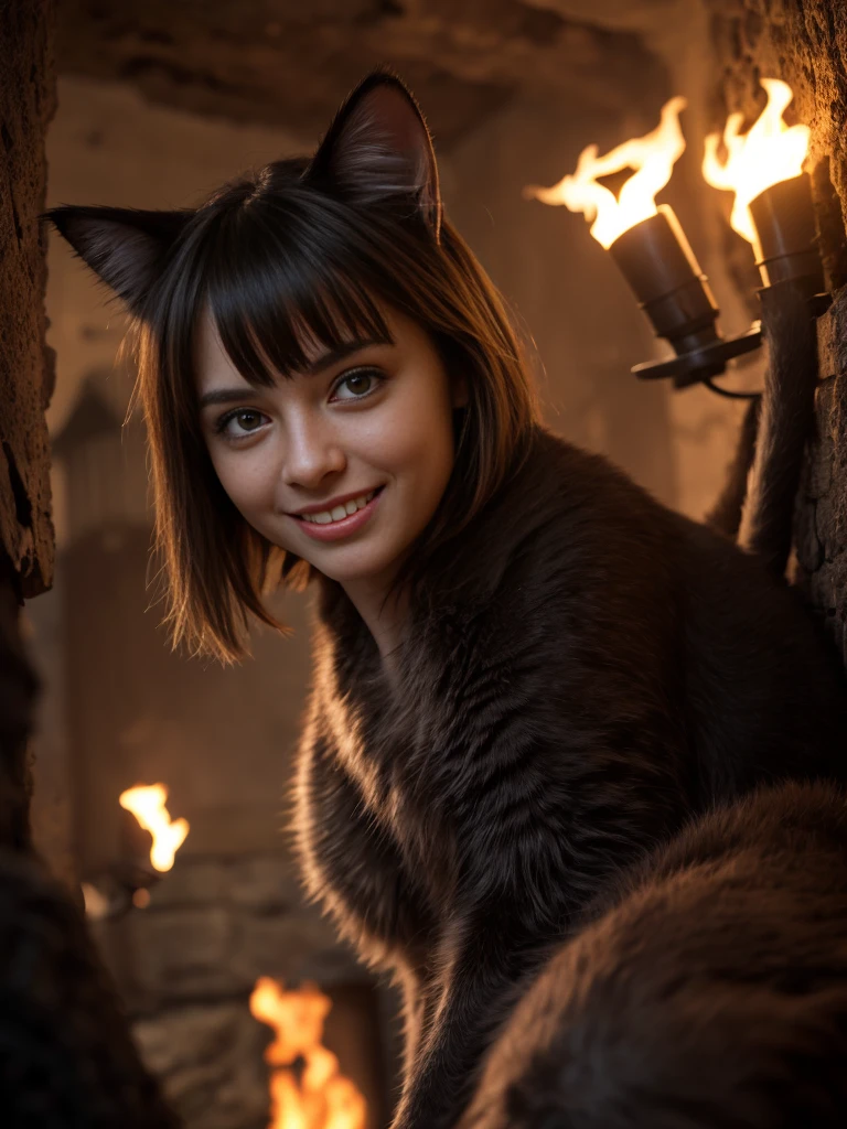 (Highest quality:1.3), cinematic shot, masterpiece, (sharp focus:1.5), (photorealistic:1.3), medium portrait of (a cat immersed in a surreal world surrounded by light, cute cat, cute smile, bottom view, viewed from the ground, a few torches burn on the walls, giving the scene a dark atmosphere but sculpting the forms in sharp chiaroscuro), it is night time, (highly detailed texture), (detailed face), detailed background, dark lighting, twilight lighting, volumetric lighting, intricate details, UHD,