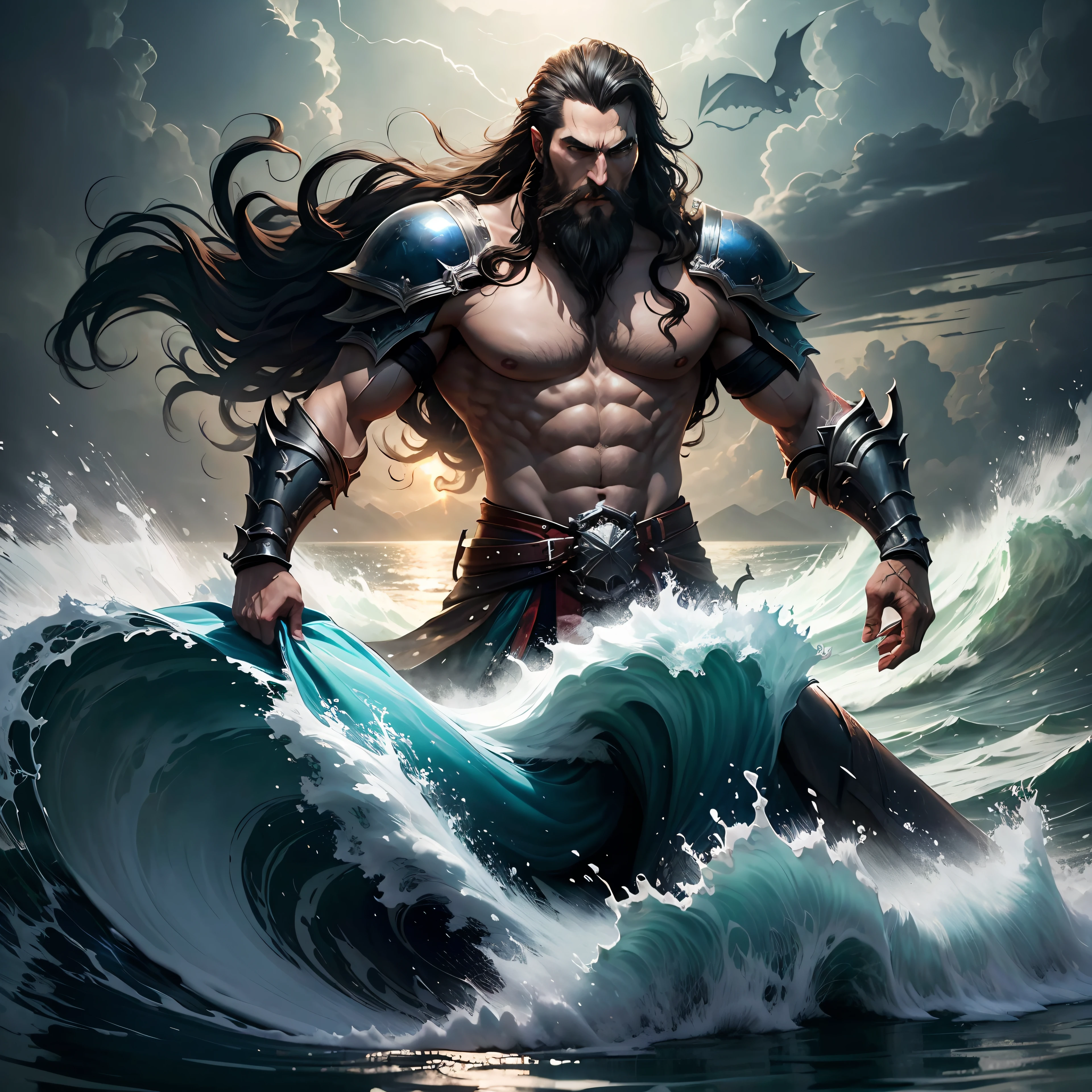 Castlevania Shadow Lord Beard Handsome Warrior on Sea Waves Environment Thunderstorm Super Detailed Epic Scene Hyper Realistic