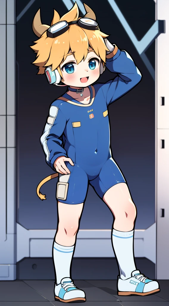 Two-dimensional boy,One-piece mountaineering suit,horn,Cow ears,Put the headphones on your head,stand up,goggles,sports shoes,Slim,Sailor collar,Knee socks,Short sleeve,Leg ring,cute,happy