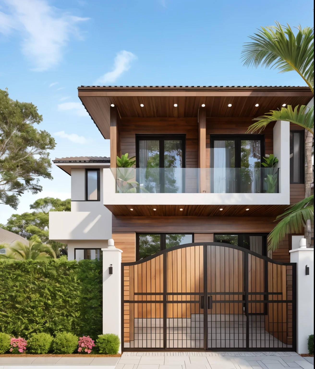 RAW photo,Masterpiece, high quality, best quality, authentic, super detail, townhouse, modern house,( brick wall:1.1 , glass windows, (wooden ceiling:1.1), railing glass, gate, fence, (curve:1.1),tropical trees, day, beautifu sky, (high detailed :1.2), 8k uhd, dslr, soft lighting, high quality, film grain, Fujifilm XT3